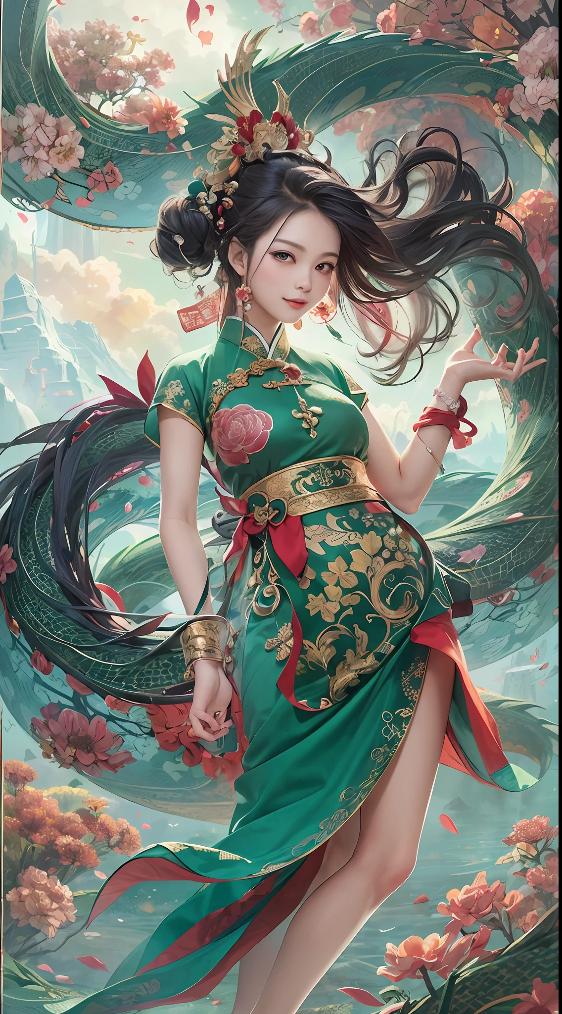 Official Art, Unified 8K Wallpapers, Ultra Detailed, Beautiful and Aesthetic, Masterpiece, Best Quality, (Zentangle, Tangle, Entangle), (fractal art: 1.4), 1girl, black hair, Chinese,  shoulders, short skirt, calf, navel, very detailed, dynamic angle, cowboyshot, (most beautiful form chaos), flowing, (bright colors), oc, (half: 1.2), china, (thangka flying sky: 1.5), (ribbon: 1.3), (dream: 1.5), (hanfu: 1.5), Chinese dragon, Chinese phoenix, (smile: 0.5), (Chinese deity),