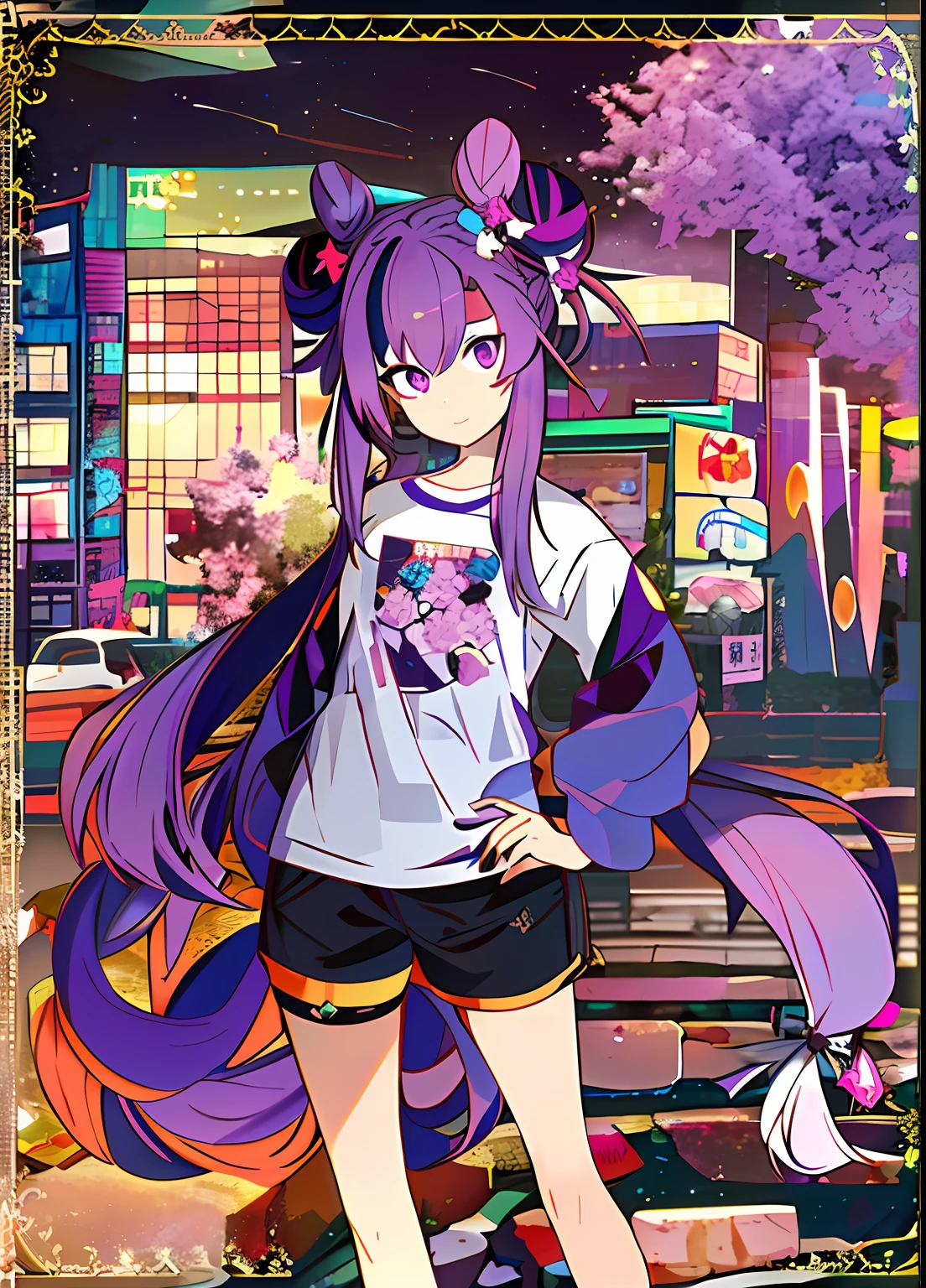 1girll, standing, view the viewer, hands on hips
keqing (Genshin Impact), hair-bun, Purple hair, double tails, Purple eyes, Diamond-shaped pupils, hair adornments, cone hair bun, Long hair, double bun hair, bangs, bow, hair flower, Hair accessories hair bye, hair ribbon
oversize tshirt, Shorts,