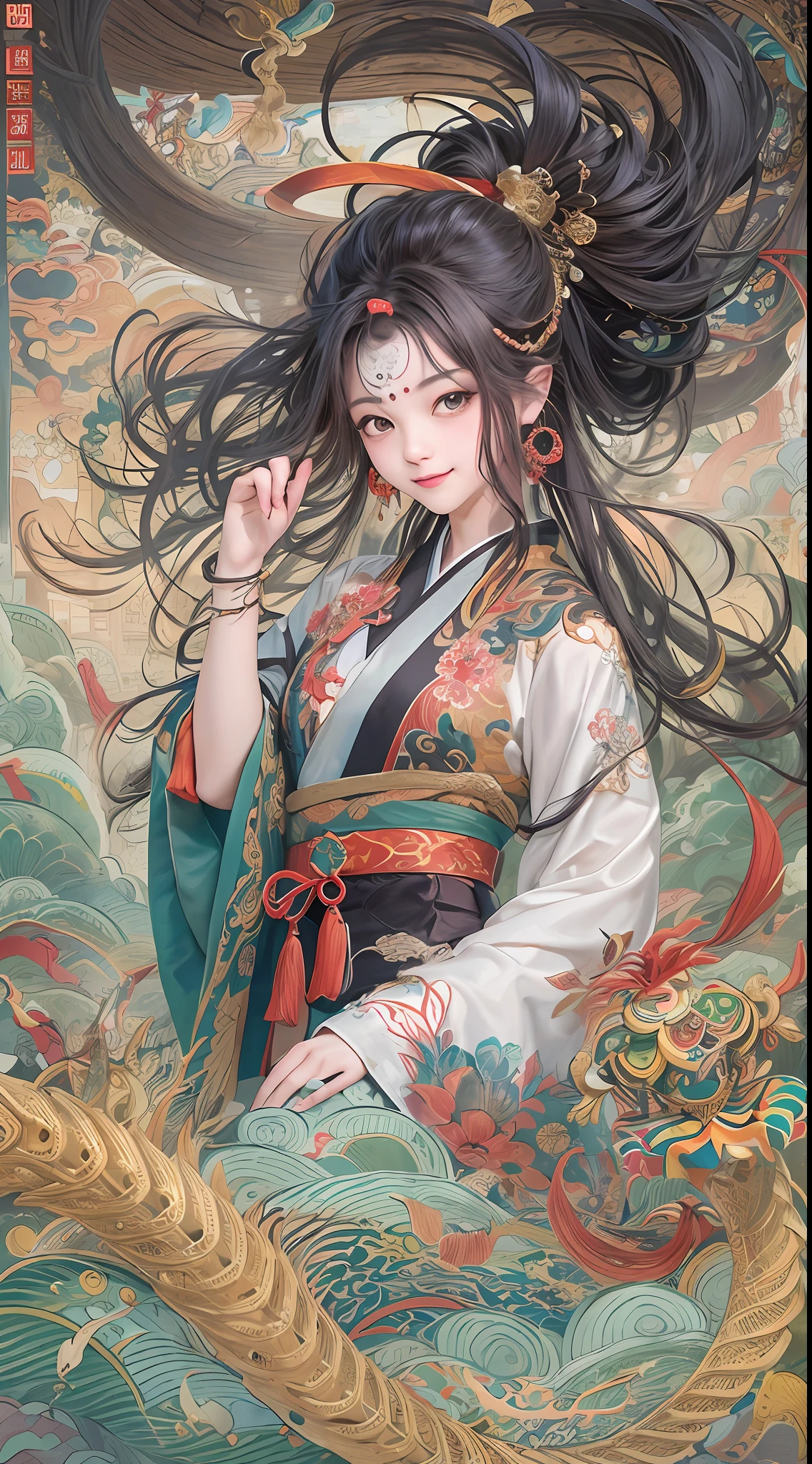 Official Art, Unified 8K Wallpapers, Ultra Detailed, Beautiful and Aesthetic, Masterpiece, Best Quality, (Zentangle, Tangle, Entangle), (fractal art: 1.4), 1girl, black hair, Chinese, bare shoulders, short skirt, calf, navel, very detailed, dynamic angle, cowboyshot, (most beautiful form chaos), flowing, (bright colors), oc, (half: 1.2), china, (thangka flying sky: 1.5), (ribbon: 1.3), (dream: 1.5), (hanfu: 1.5), Chinese dragon, Chinese phoenix, (smile: 0.5), (Chinese deity),
