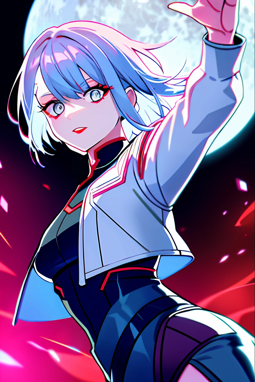 lucy \(cyberpunk\), 1girl, arm up, bangs, blue hair, colored tips, full moon, grey eyes, jacket, long sleeves, looking at viewer, medium hair, moon, multicolored hair, parted bangs, parted lips, pink hair, portrait, red eyeliner, red lips, solo, white jacket, cyberpunk \(series\), cyberpunk edgerunners