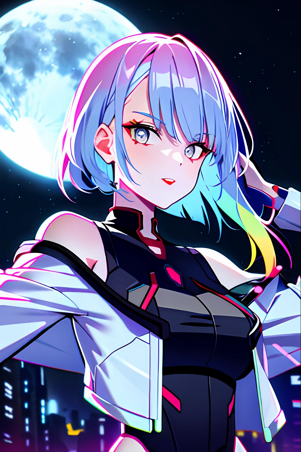 lucy \(cyberpunk\), 1girl, arm up, bangs, blue hair, colored tips, full moon, grey eyes, jacket, long sleeves, looking at viewer, medium hair, moon, multicolored hair, parted bangs, parted lips, pink hair, portrait, red eyeliner, red lips, solo, white jacket, cyberpunk \(series\), cyberpunk edgerunners