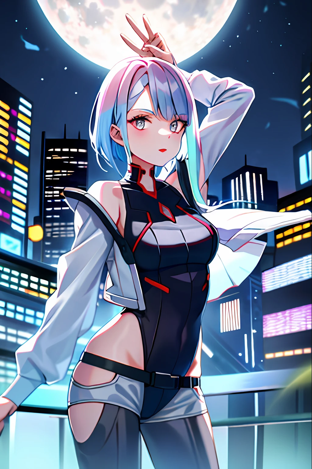 lucy \(cyberpunk\), 1girl, arm up, bangs, blue hair, colored tips, full moon, grey eyes, jacket, long sleeves, looking at viewer, medium hair, moon, multicolored hair, parted bangs, parted lips, pink hair, portrait, red eyeliner, red lips, solo, white jacket, cyberpunk \(series\), cyberpunk edgerunners