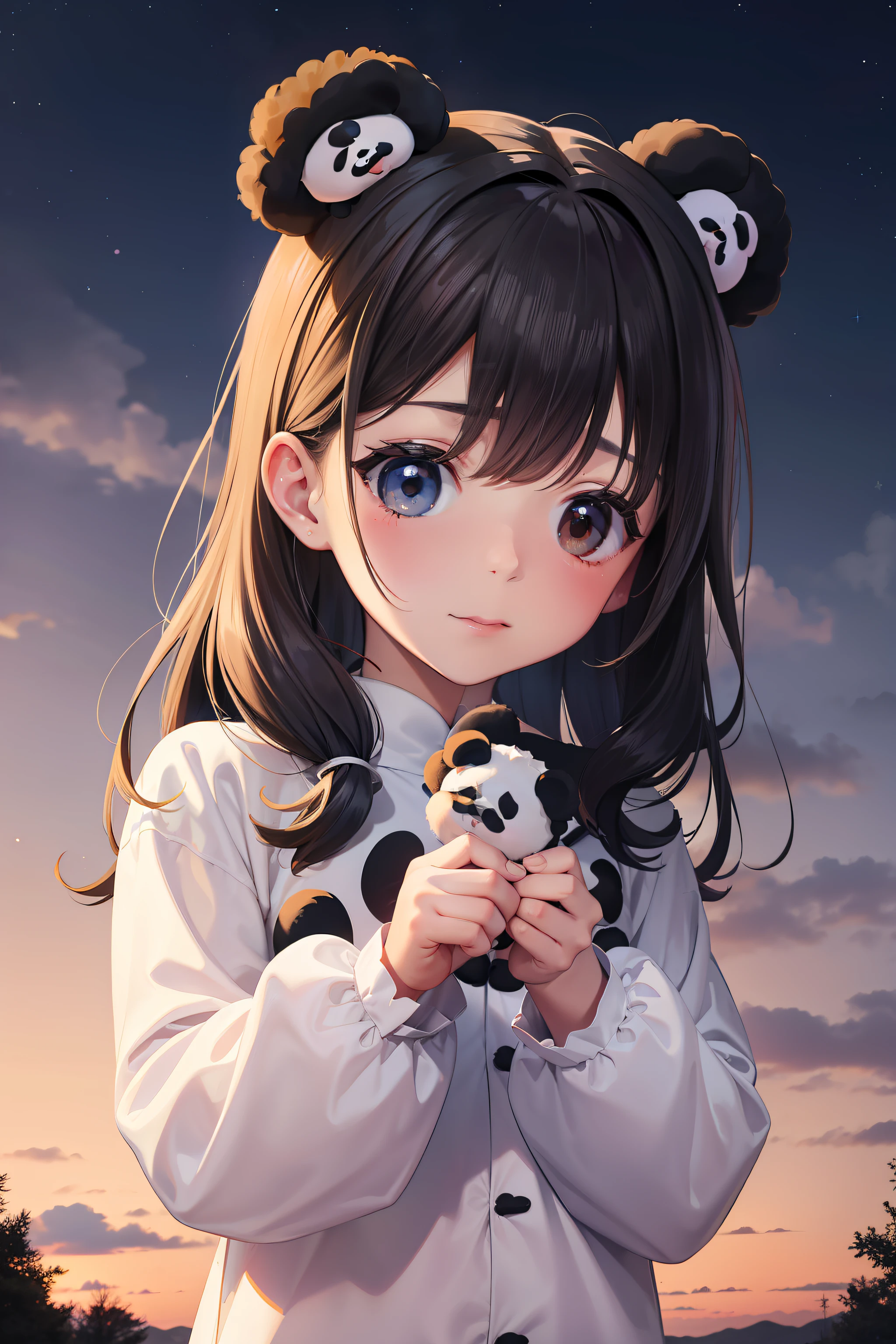 4 years old 3-headed girl wearing fluffy panda pajamas,Run on the grass under the bright starry sky,Faraway view