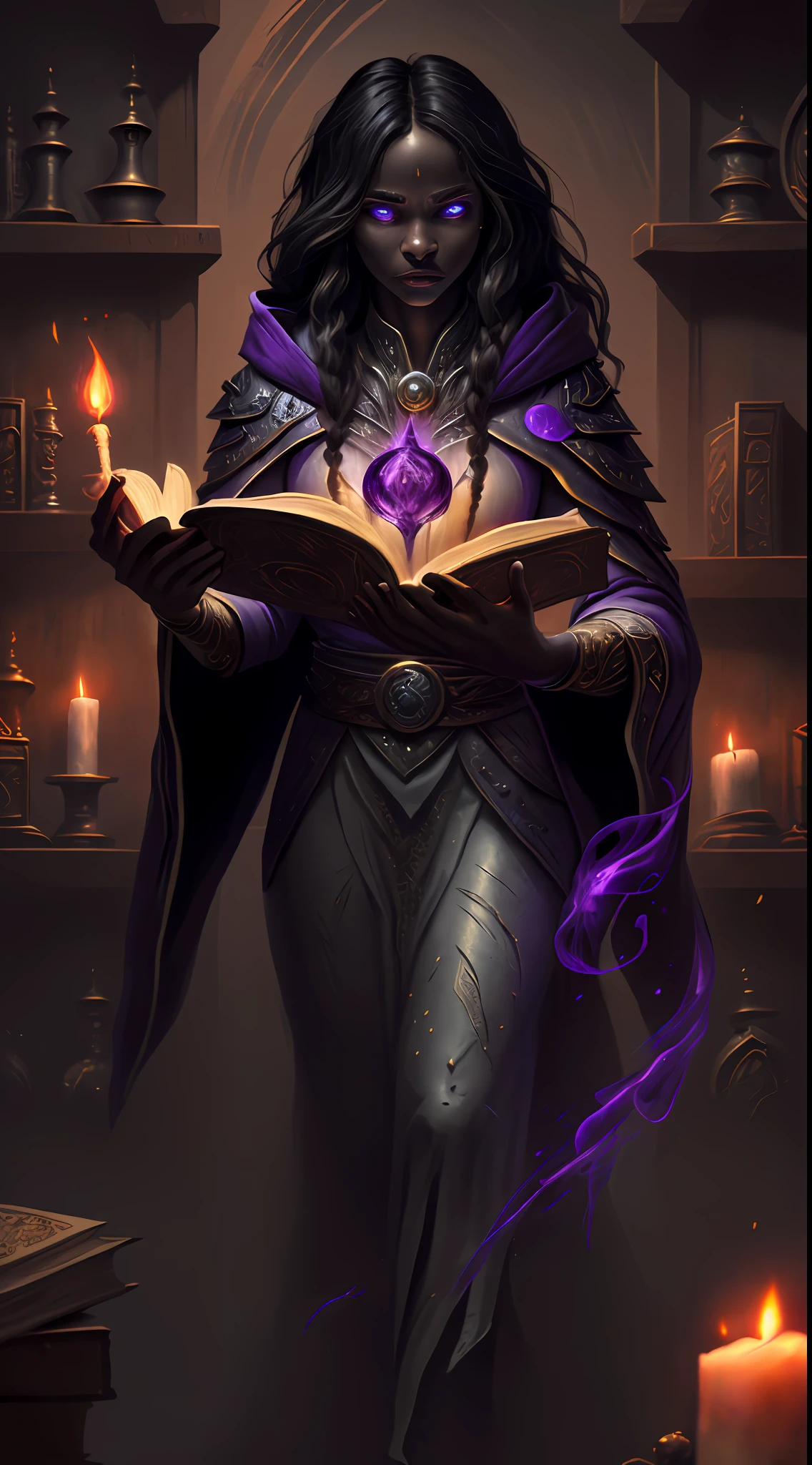 8k, ultra detailed, masterpiece, best quality, (extremely detailed), full body a human (intense details, Masterpiece, best quality: 1.5), female (intense details, Masterpiece, best quality: 1.5), mage, arcane wizard, manipulating magical energies (intense details, Masterpiece, best quality: 1.5), in a magical laboratory (intense details, Masterpiece, best quality: 1.5), female human (intense details, Masterpiece, best quality: 1.5), wearing white robe (intense details, Masterpiece, best quality: 1.5), purple cloak with magical sigils (intense details, Masterpiece, best quality: 1.5), extremally beautiful woman, dark skin (intense details, Masterpiece, best quality: 1.5), black hair, long hair, braided hair, dynamic eyes, magic lab. bickers, vials, arcane book shelves, candles light, dynamic light