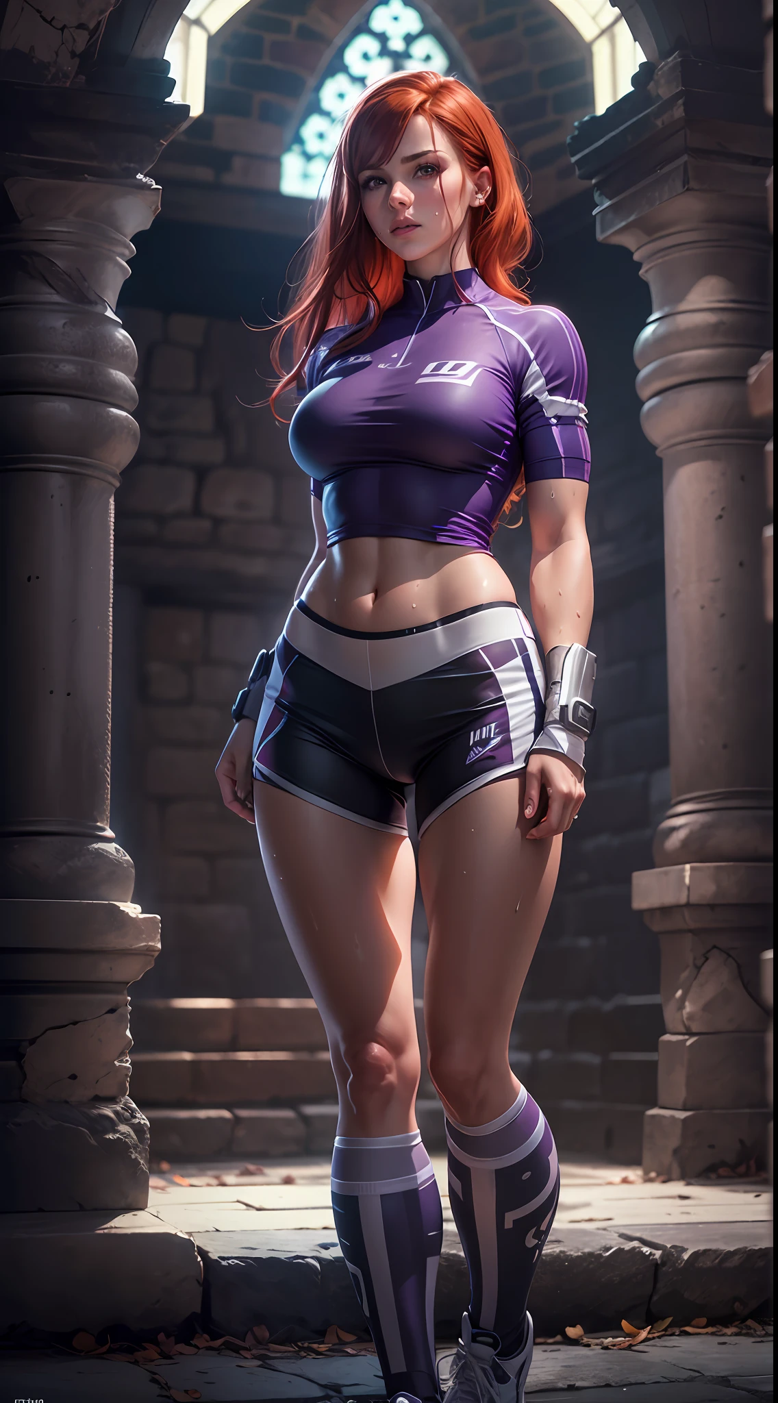Ultra realistic , high resolution , ultra 8K , Redhead woman , 25 years old , sweaty skin , athletic body , dark purple and silver shorts , white shorts , sexy King clothes, Ultra resolution , dungeon castle , sex pose , athletic body