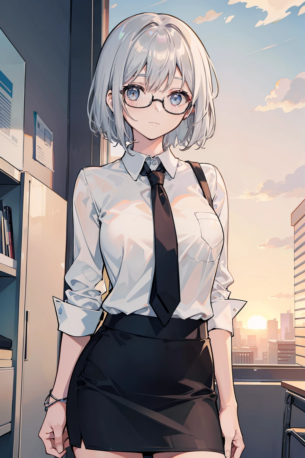 sunset, office, 1 girl, solo, glasses, white shirt, short black pencil skirt, half body model, short silver hair