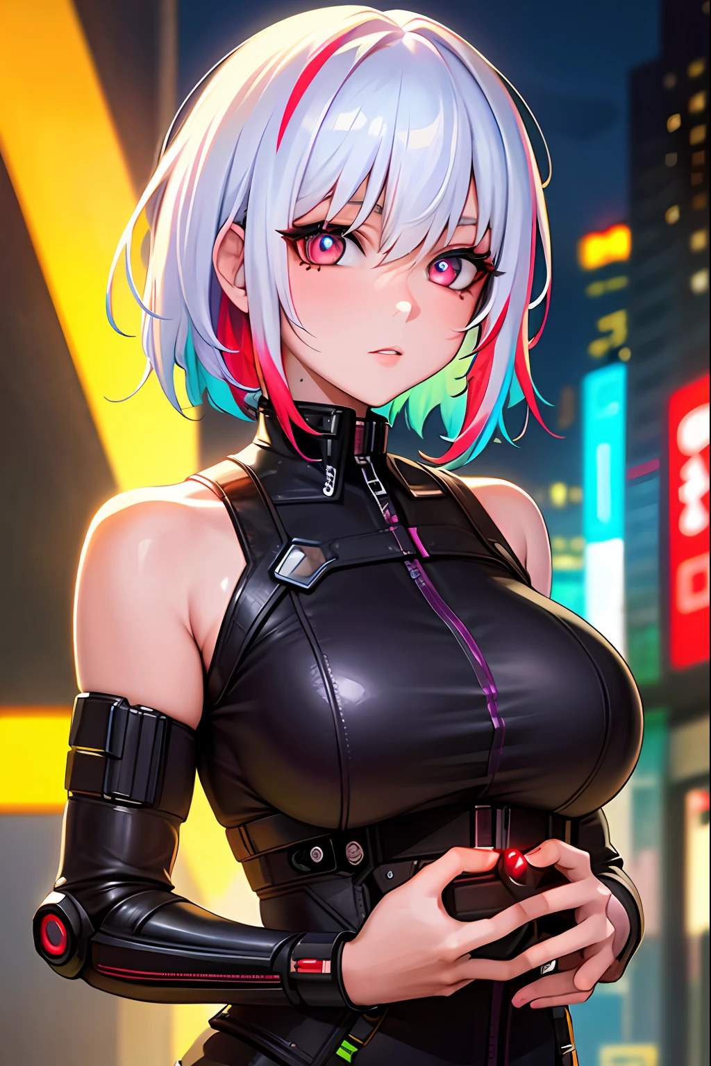 ((masterpiece)), (best quality), beautiful, extremely detailed face, perfect lighting,ultra-detailed, 8k,textured skin, beautiful detailed face, beautiful detailed eyes, ambient light, realistic shadows, beautiful detailed pupils, cute,detailed fingers,mature female,lucy \(cyberpunk\), 1girl, neon palette, science fiction, short hair, solo, close up, cyberpunk edgerunners,multicolored hair,White hair, night time , ,multicolored eyes, cyberpunk, medium breast, clothed,outdoor, cyberpunk city background,