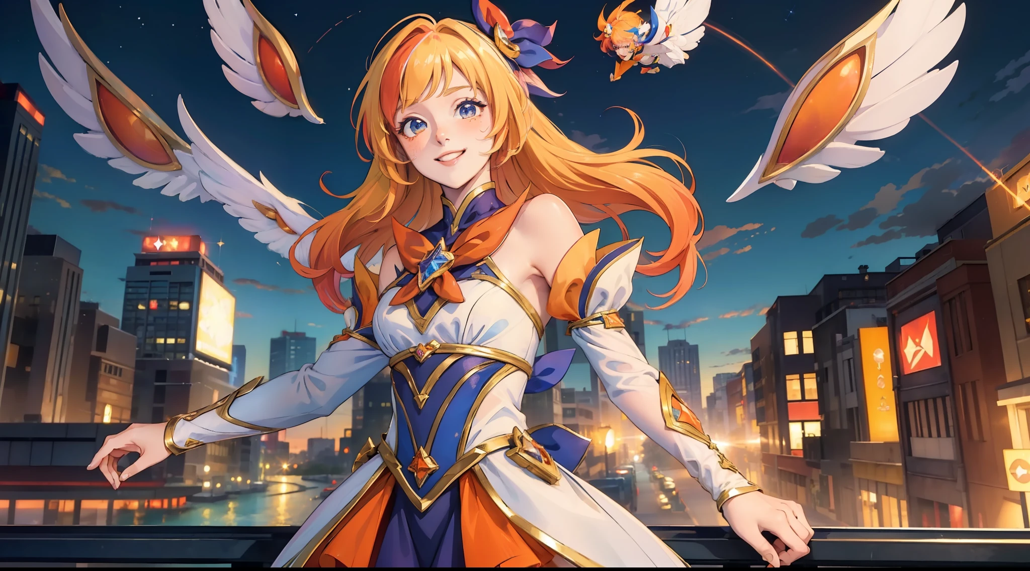 (Masterpiece:1.4), (Best quality:1.2), star guardian seraphine, Blonde hair, Orange hair, multicolored hair, multicolored clothing, dress, Hair Bow, Detached sleeves, Smile, Upper body, Cowboy shot