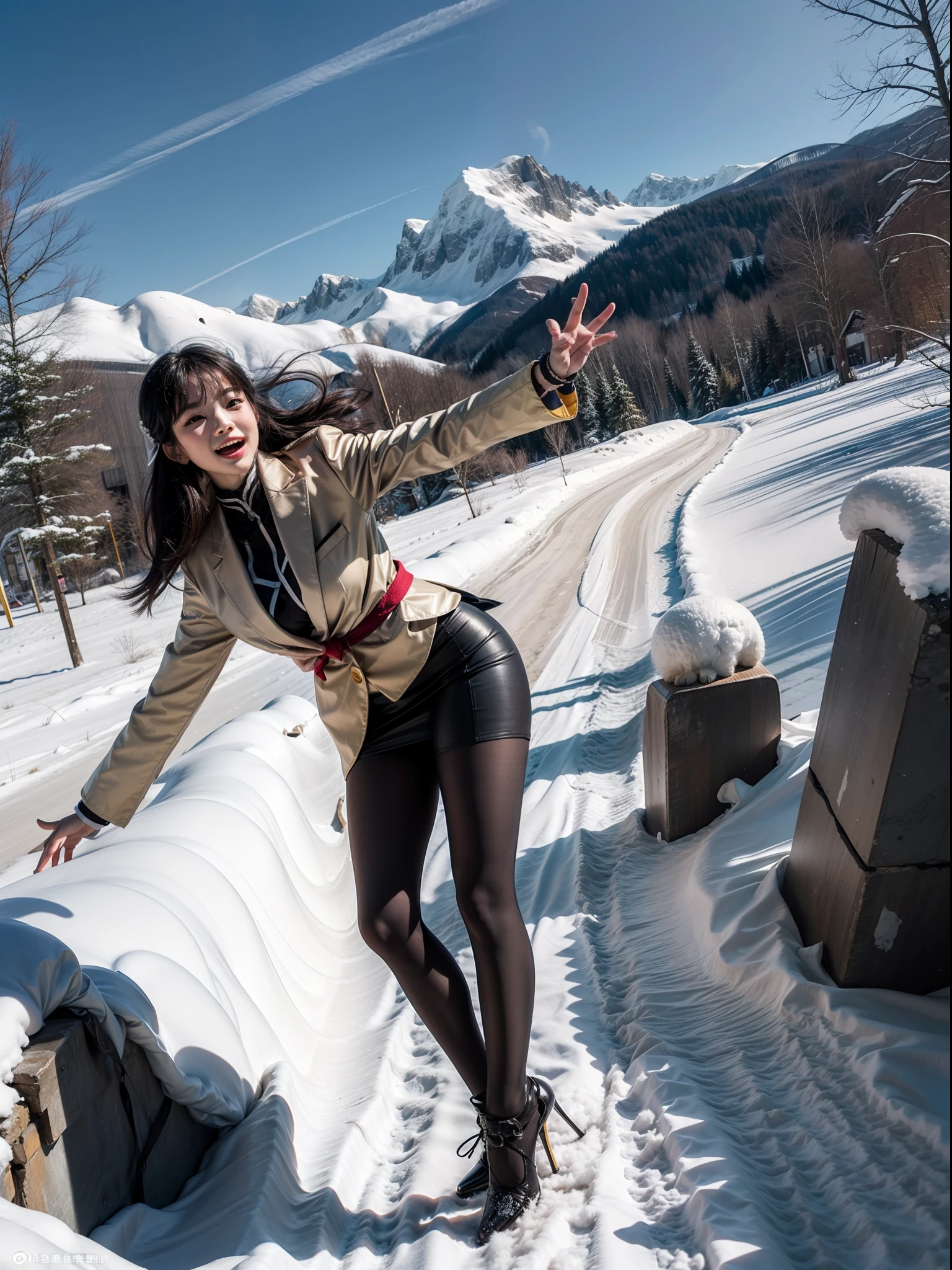 Splitting characters is prohibited,(Full body shot:1.3), Must show your face, anatomy correct, Dance on top of snowy mountains,A breath of nature,Polished pointed-toe heels must be worn,Stocking tights are mandatory, Colorful Chinese JK student uniforms, A shallow laugh, Complex and diverse backgrounds,Strangling effect,hyper HD, Ray traching, structurally correct, Award-Awarded, high detal, lightand shade contrast, Face lighting,cinmatic lighting, tmasterpiece, super detailing, high high quality, high detal, best qualityer, 16k