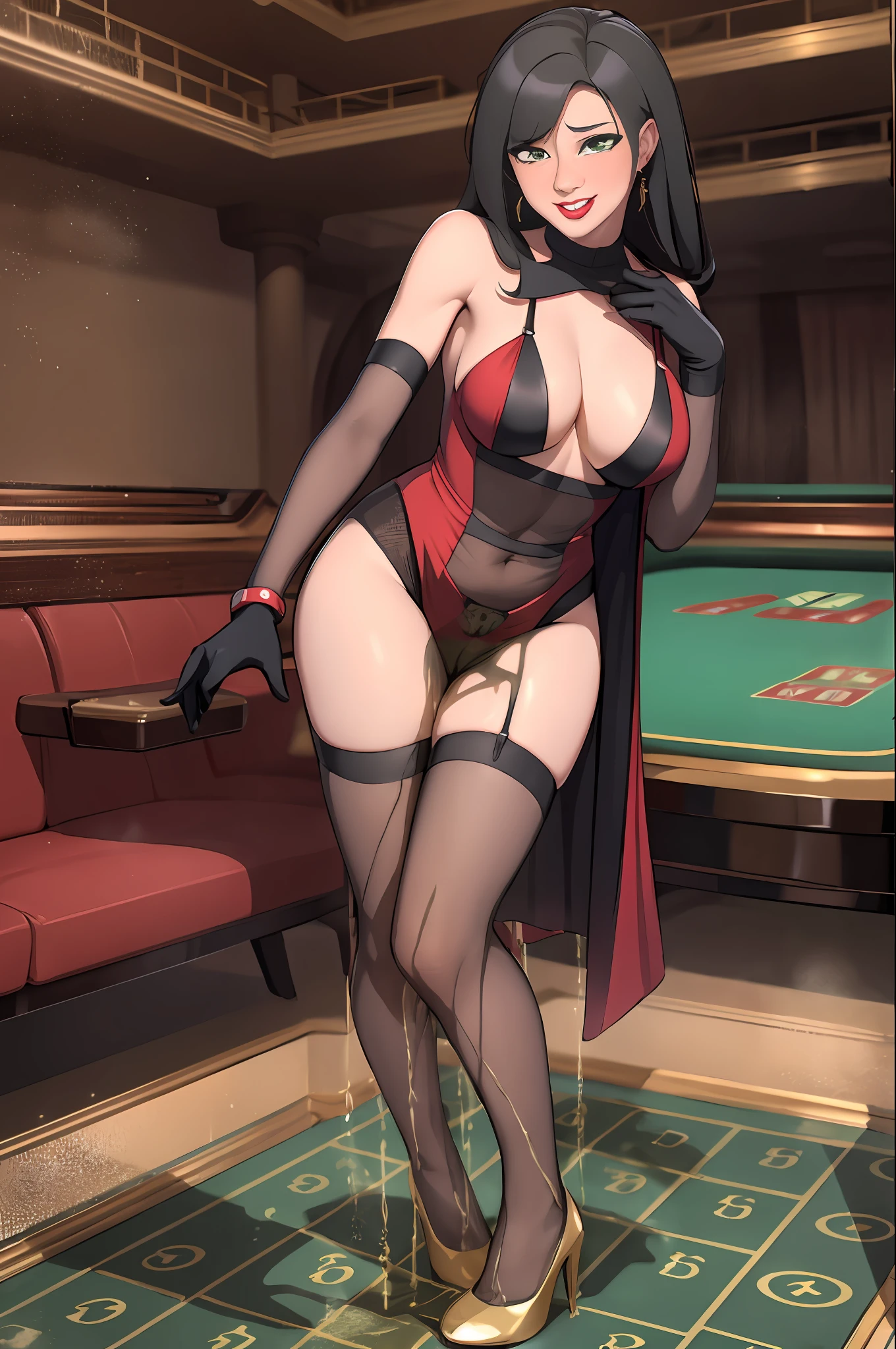 (masterpiece, top quality, best quality, highly detailed:1.2), 1girl, solo, photo of a sexy lounge singer posing seductively on stage and peeing on the floor, peeing self, having an accident, casino, indoor, standing, ((pee stream)), (pee puddle), pee stain, panties, form-fitting red gown, wet gown, wet furniture, pee puddle, peeing, thigh high heels, stockings, wet stockings, black hair, green eyes, smirking, golden braclet, red lipstick, black long gloves