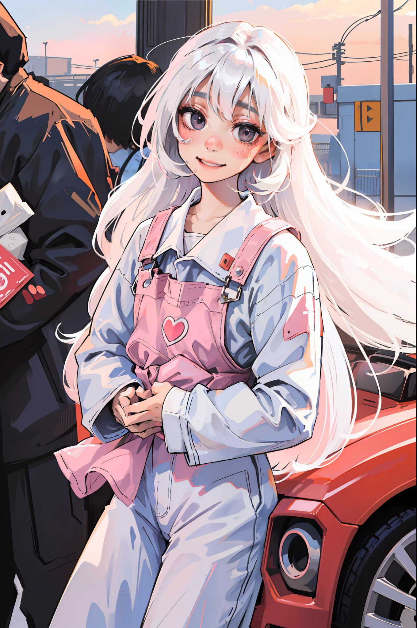 anime girl, white long hair, beautiful dark gray eyes, pure white skin, cute pink overall, white button up, blush, happy, gleeful, smirk, flirty