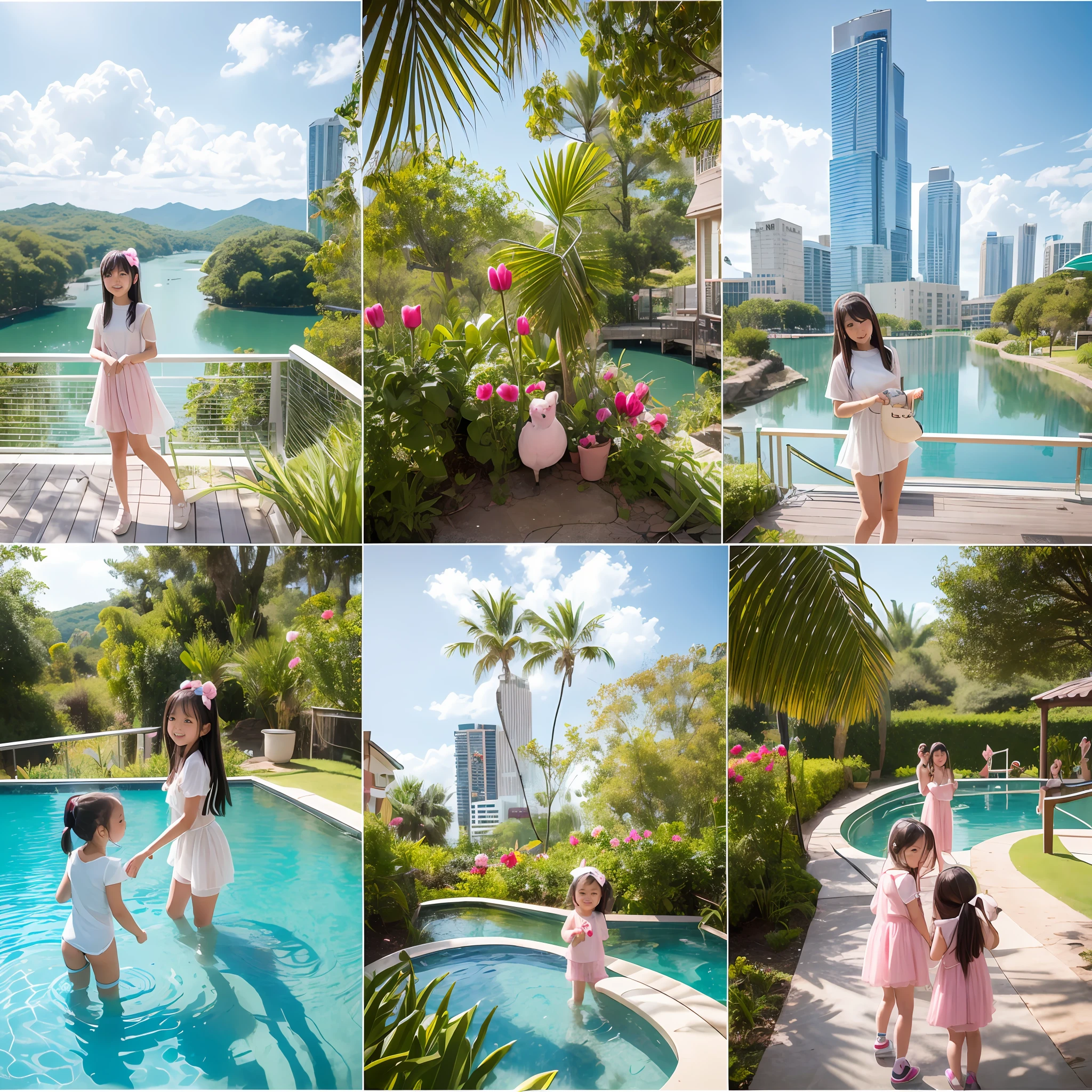 180-storey infinity pool,The tallest building in the city's forest,Sports Center,Bonsai around,Luo Han Song,coconut palms,coconut crab,tulips,Rose flower,Tease the alpacas to play,There were five little girls wearing openwork translucent stockings,Pouting and smiling,is shy,Pout,Pink, gold, White, Blue, Five colors, Two-tailed hair and cyan eyes,Anime little girl in servant costume