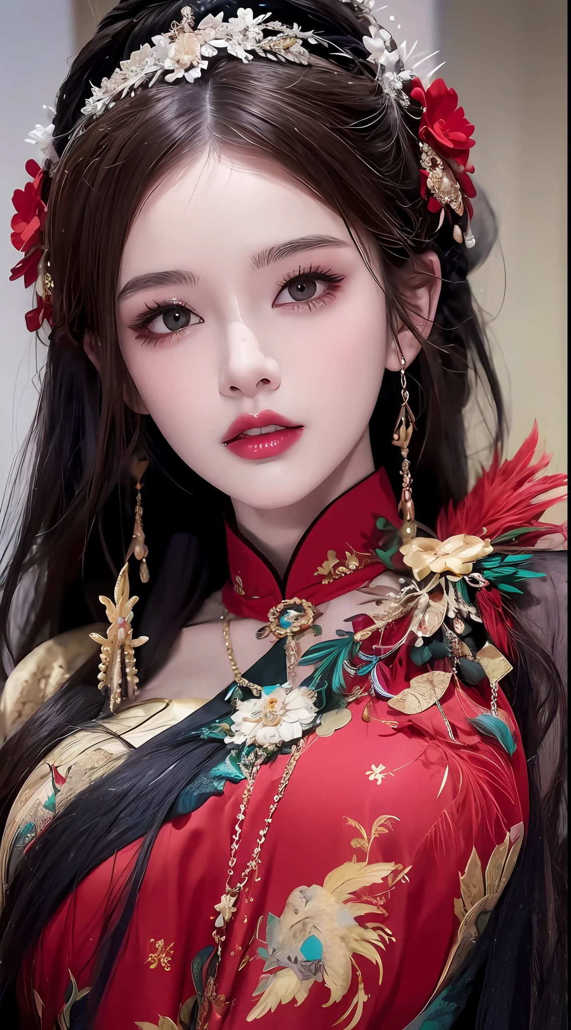 1 beautiful devil woman from hell, In the Dark: 1.6), surreal female portrait by David Hockney and Alphonse Mucha, fantasy art, Chinese super cute doll, photorealism, dynamic lighting, artstation, volumetric lighting, very detailed faces, 8k ultra, Awarded, in the dark, deep shadow, low key, cowboy lens, (Red phoenix dress: 1.4), long hair, black hair, bust, luxurious palace, Royal style, devil crown, black eyes make up very sharp and detailed, The most beautiful face, The breasts are very big and round and round, Super realistic, chinese women's clothing, polo neck sweater, Charming smile, extremely detailed and steamy makeup eyes, The eyes are very well made up, eye bags under wet makeup, guweiz, devil style, wearing black mesh socks, Ponytail with a bow tied at the back of the hair, red lipstick, wearing a thin red and black robe, glossy and plump lips, Hands pull the straps to reveal sexy breasts, the landscape is overcast and thunderous, (upper body portrait), Close-up of the main character, (Background details 1.8),HDR, UHD, 8kquality, detailed pixel, super realistic, depth camera, width camera, super quality, super real