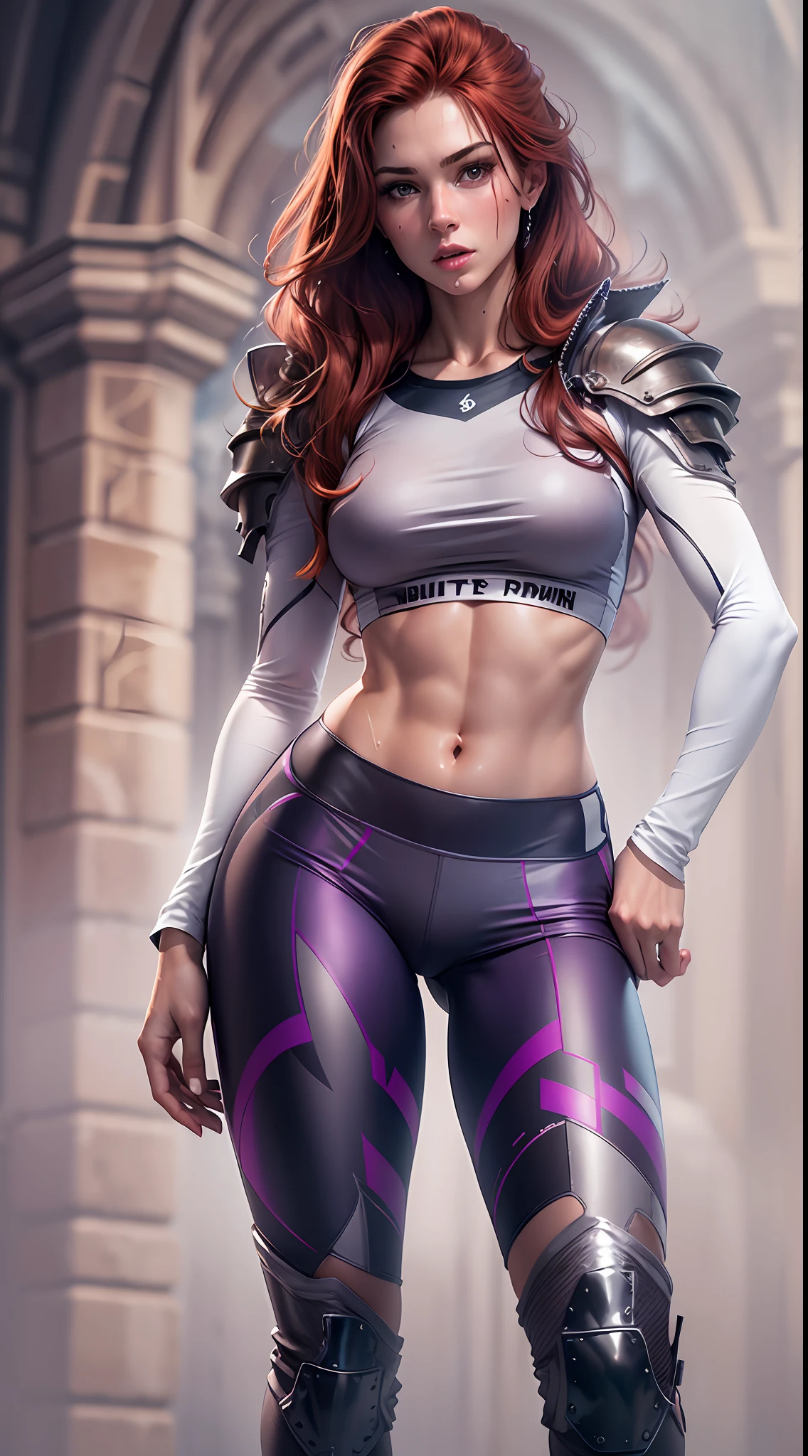 Ultra realistic , high resolution , ultra 8K , Redhead woman , 25 years old , sweaty skin , athletic body , dark purple and silver shorts , white shorts , sexy King clothes, Ultra resolution , dungeon castle , sex pose , athletic body