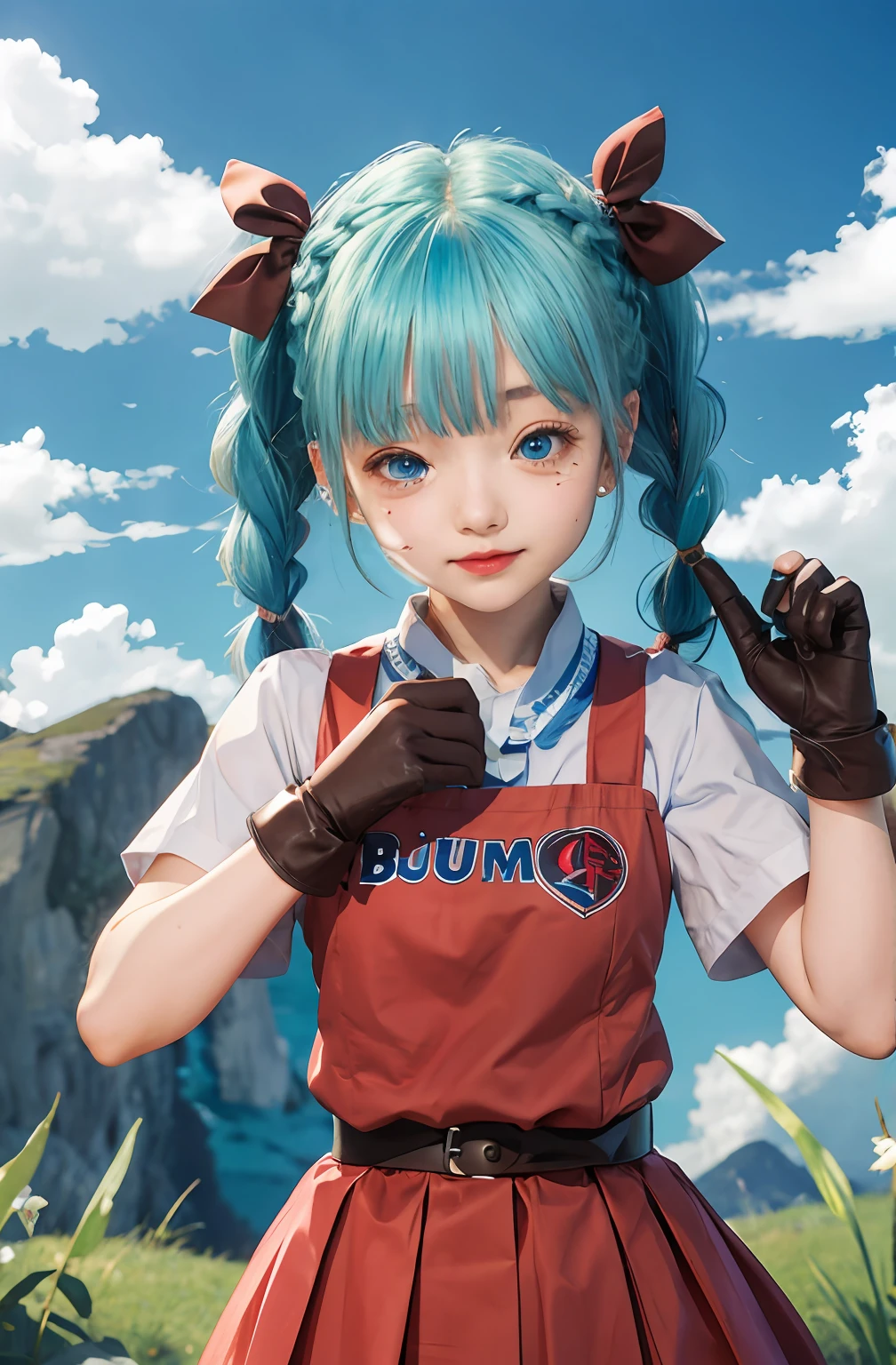 blue hairs、Twin-tailed、Braids、Blue eyes、white  shirt、Red dress、a picture、Gravure Photography、8k、reallistic