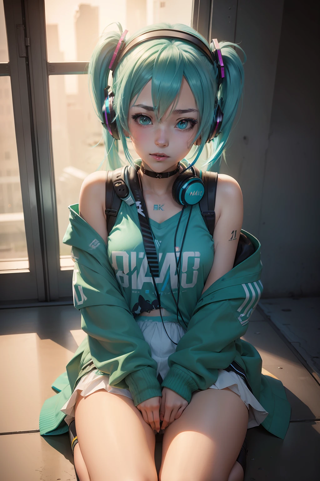 Anime girl with blue hair and headphones sitting on the ground, Miku, Hatsune Miku, hatsune miku portrait, Portrait of Hatsune Miku, hatsune miku face, Mikudayo, hatsune miku short hair, Pixiv Contest Winner, VOCALOID, hatsune miku in warhammer 40k, Anime girl with teal hair, by Shingei