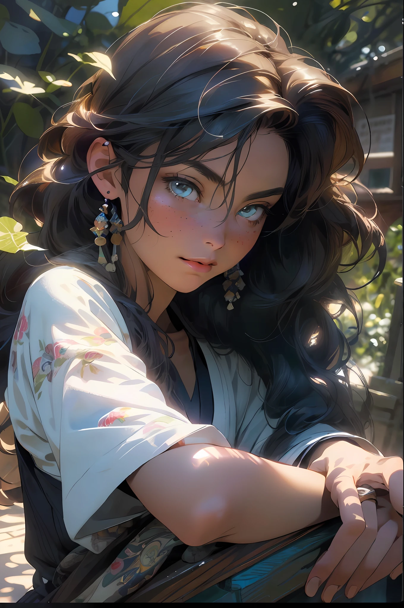 (RAW photo, best quality), (realistic, photo-realistic:1.3),best quality,highly detailed,masterpiece,ultra-detailed,illustration,1girl,upper_body,dynamic angle,world masterpiece theater,messy_long_hair,best quality,extremely detailed CG unity 8k wallpaper,ink,Amazing,cinematic lighting,lens_flare, dunhuang_style