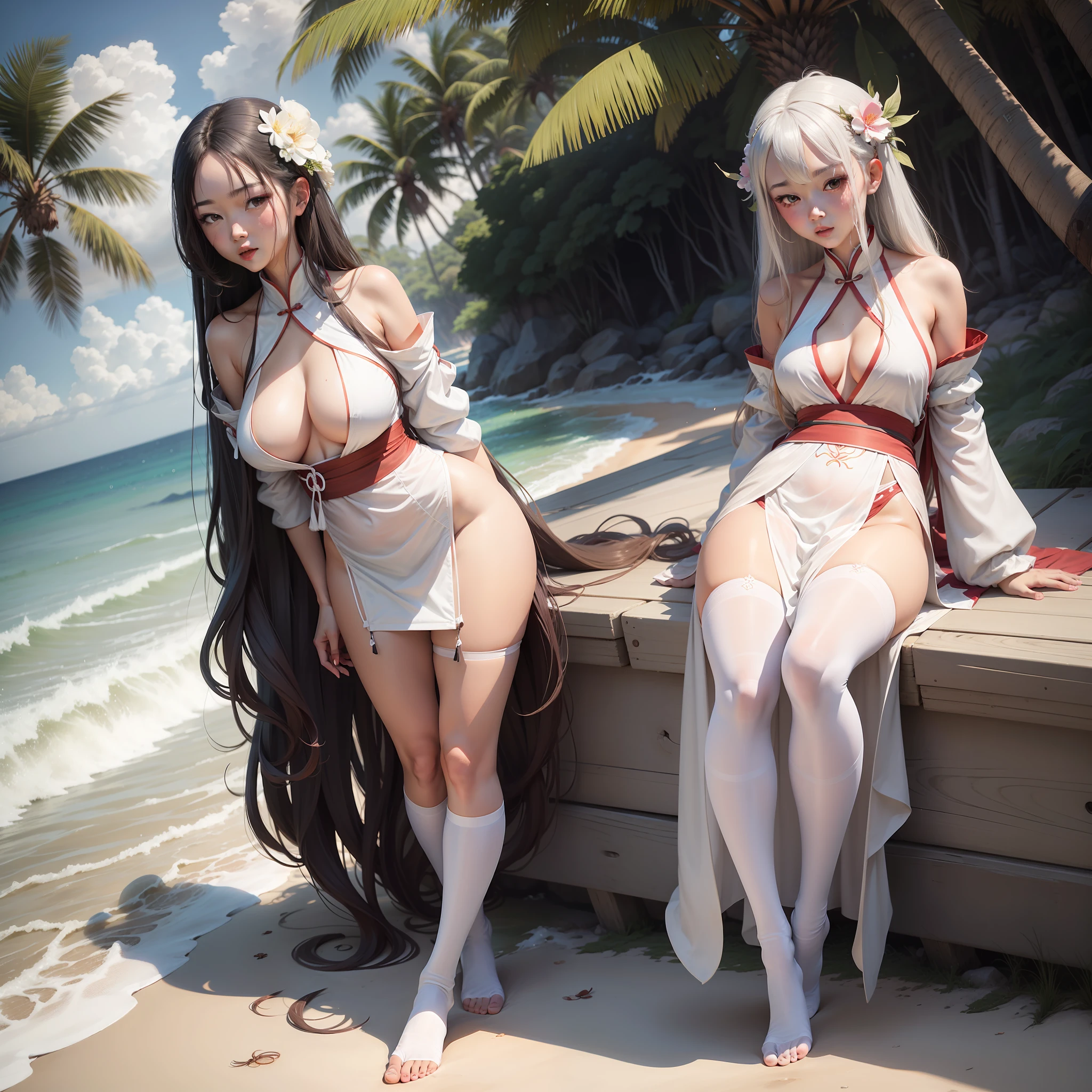 full bodyesbian，Long hair，whaite hair，White stockings，without wearing shoes，beachside，Get wet，Hanfu