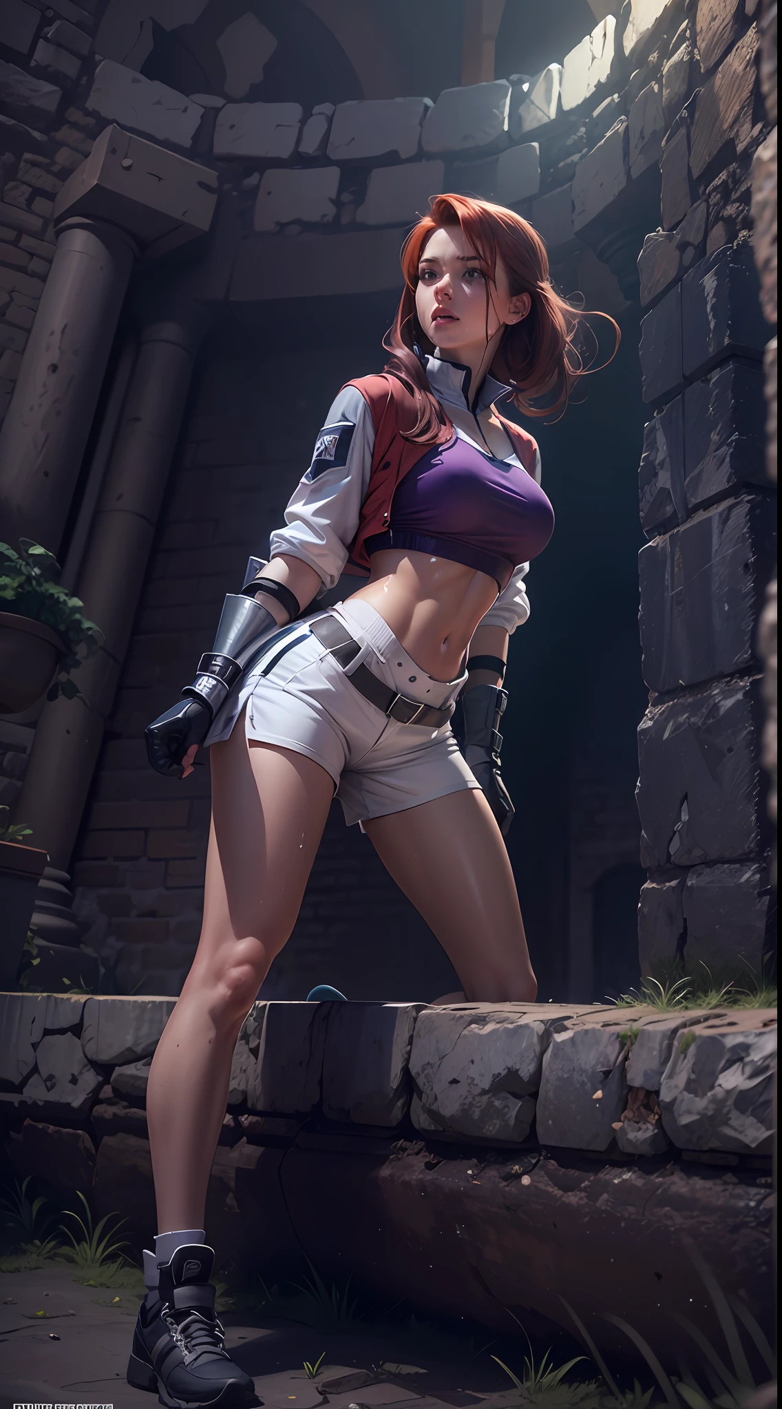 Ultra realistic , high resolution , ultra 8K , Redhead woman , 25 years old , sweaty skin , athletic body , dark purple and silver shorts , white shorts , sexy King clothes, Ultra resolution , dungeon castle , sex pose , athletic body