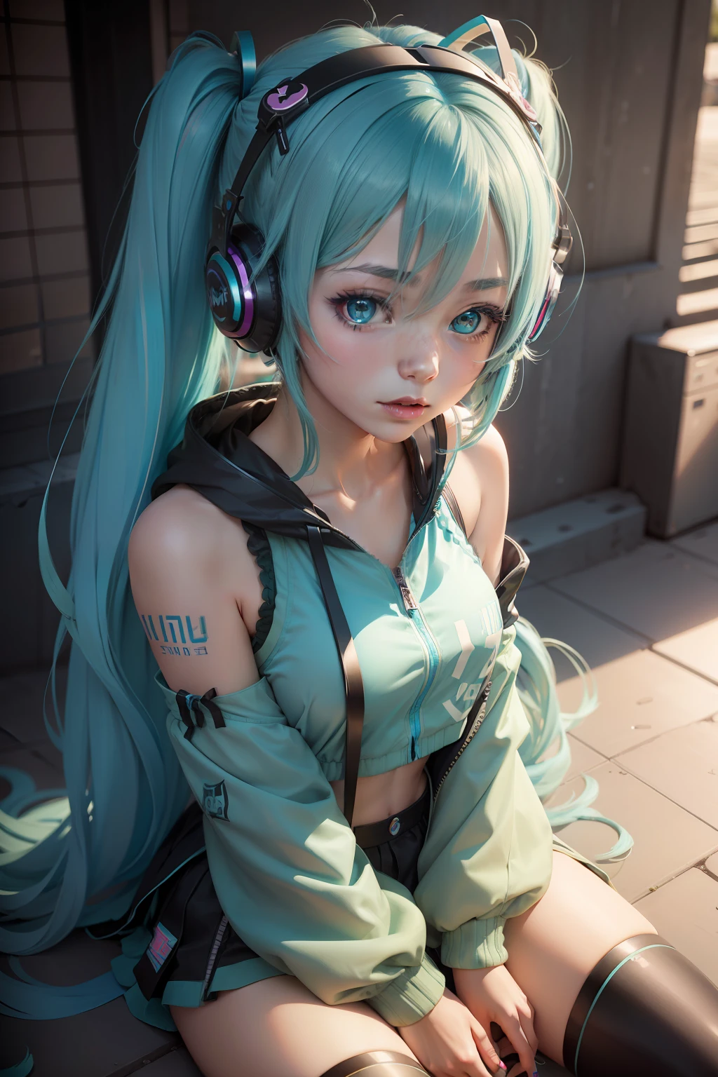 Anime girl with blue hair and headphones sitting on the ground, Miku, Hatsune Miku, hatsune miku portrait, Portrait of Hatsune Miku, hatsune miku face, Mikudayo, hatsune miku short hair, Pixiv Contest Winner, VOCALOID, hatsune miku in warhammer 40k, Anime girl with teal hair, by Shingei