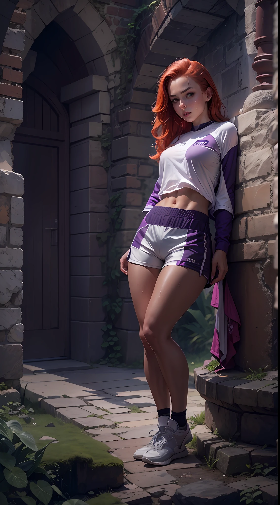 Ultra realistic , high resolution , ultra 8K , Redhead woman , 25 years old , sweaty skin , athletic body , dark purple and silver shorts , white shorts , sexy King clothes, Ultra resolution , dungeon castle , sex pose , athletic body