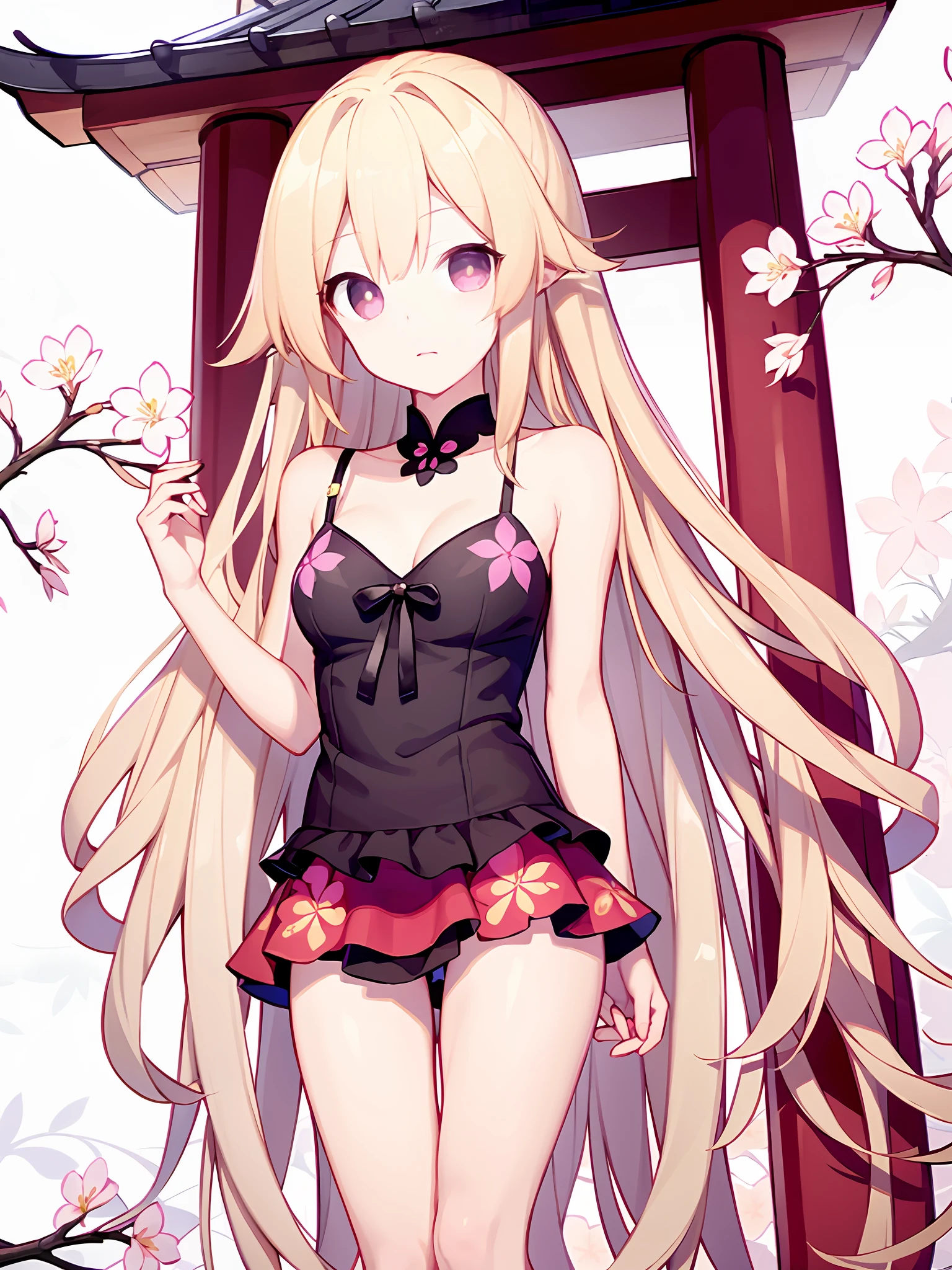 Anime girl, bare shoulders, blonde hair, architecture, black eyes, cherry blossoms, geta, east asian architecture, flower, cloud, hair ornament, floral print	,Medium-sized breasts, flat chest, short skirt, clothes, beautiful legs,autumn, outdoor