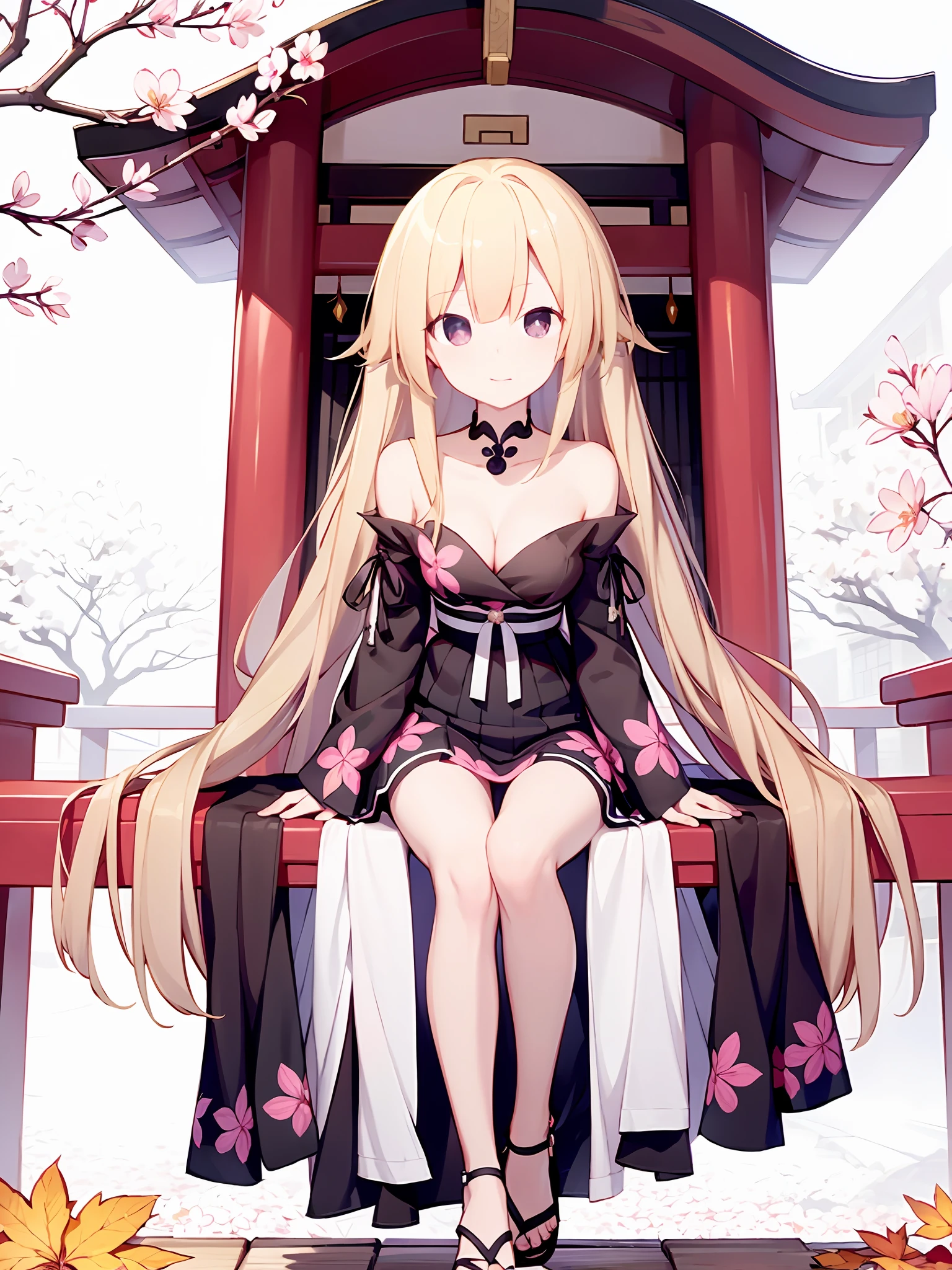 Anime girl, bare shoulders, blonde hair, architecture, black eyes, cherry blossoms, geta, east asian architecture, flower, cloud, hair ornament, floral print	,Medium-sized breasts, flat chest, short skirt, clothes, beautiful legs,autumn, outdoor