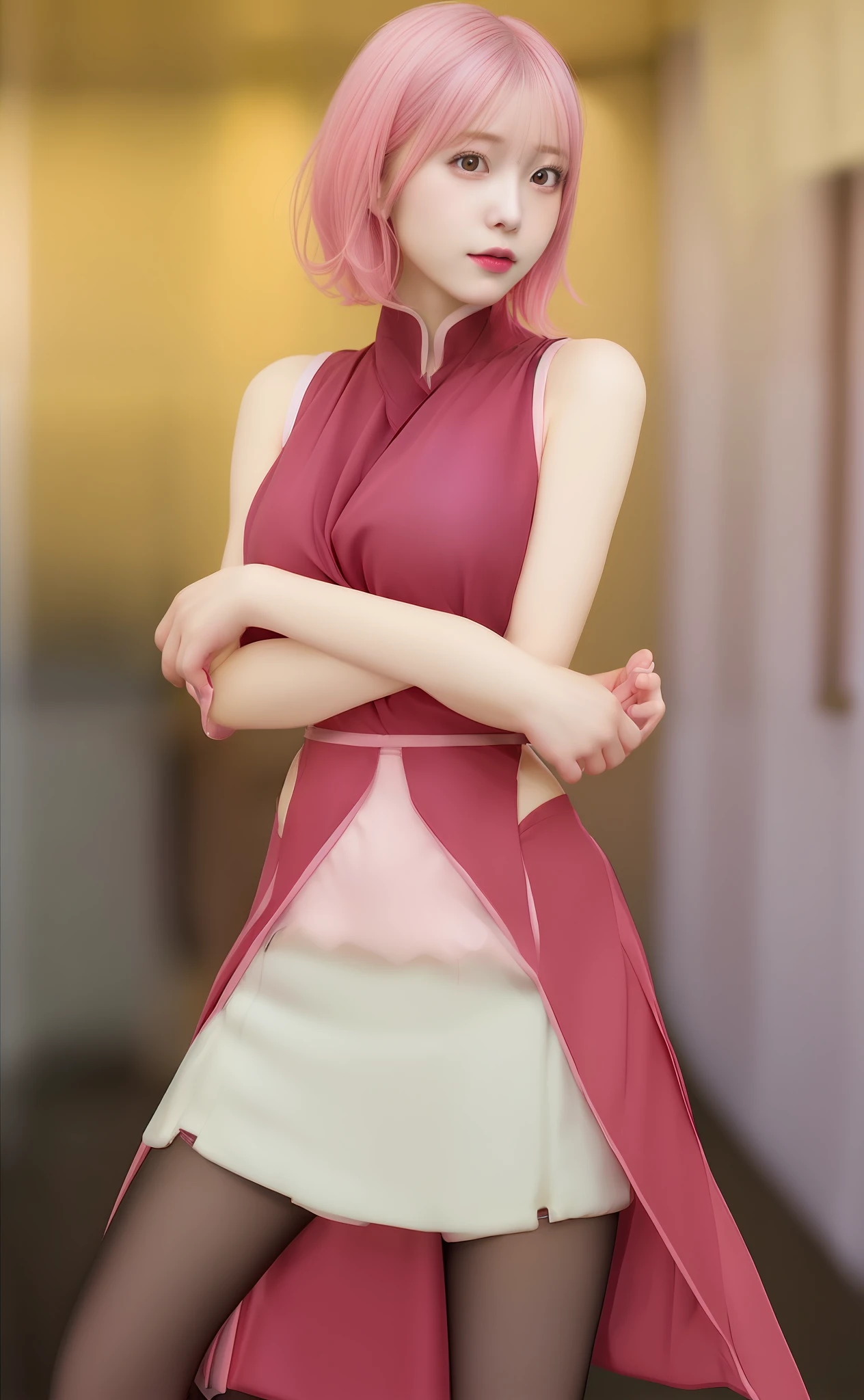 1 girl,haruno sakura,short hair,pink hair,sexy dress,sexy girl,realistic,ultra detail,70mm lens
