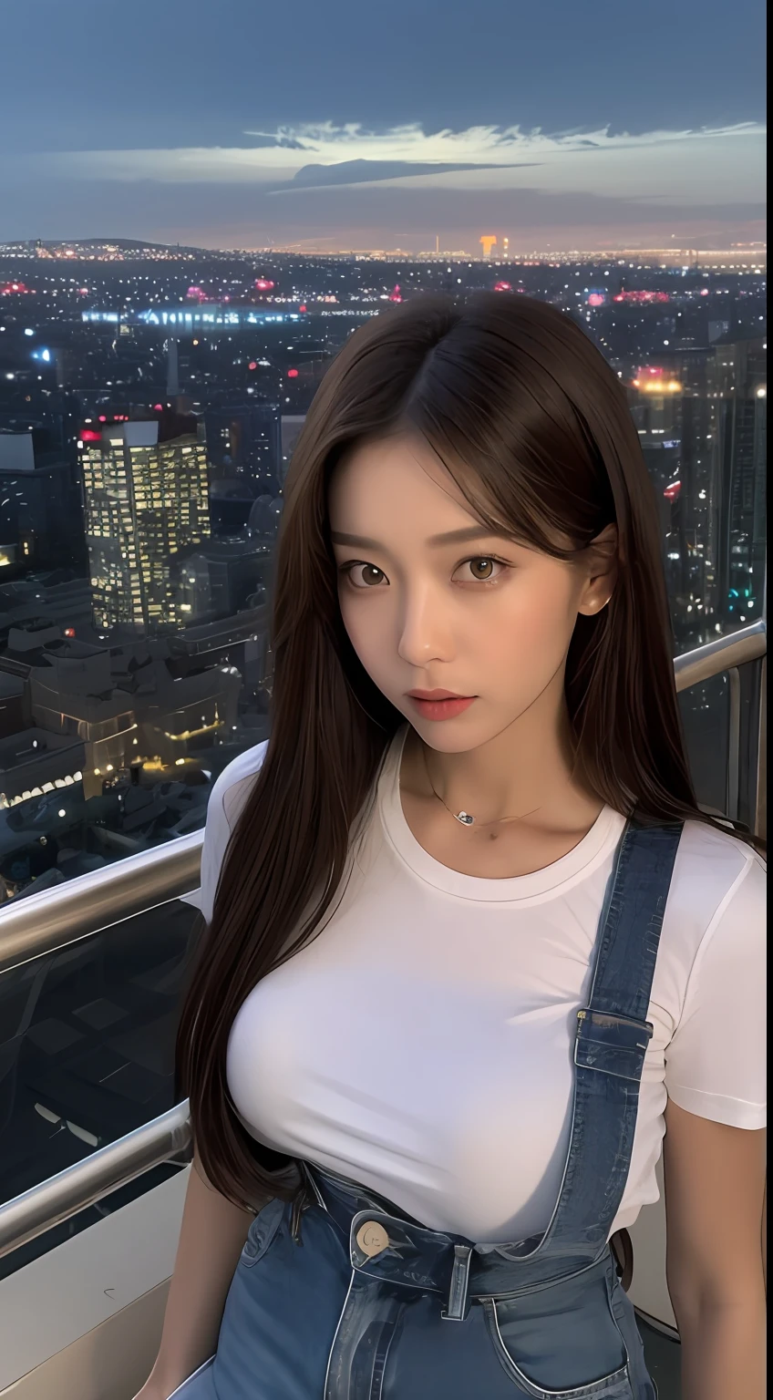 ((Midnight, Best quality, 8k, Masterpiece :1.3)), Whole body, Long legs, Sharp focus :1.2, A pretty woman with perfect figure :1.4, Slender abs :1.1, ((Dark brown hair,Gigantic breasts :1.2)), (White tight tshirt, Jean bib, Standing:1.2), ((Night city view, Rooftop:1.3)), Highly detailed face and skin texture, Detailed eyes, Double eyelid