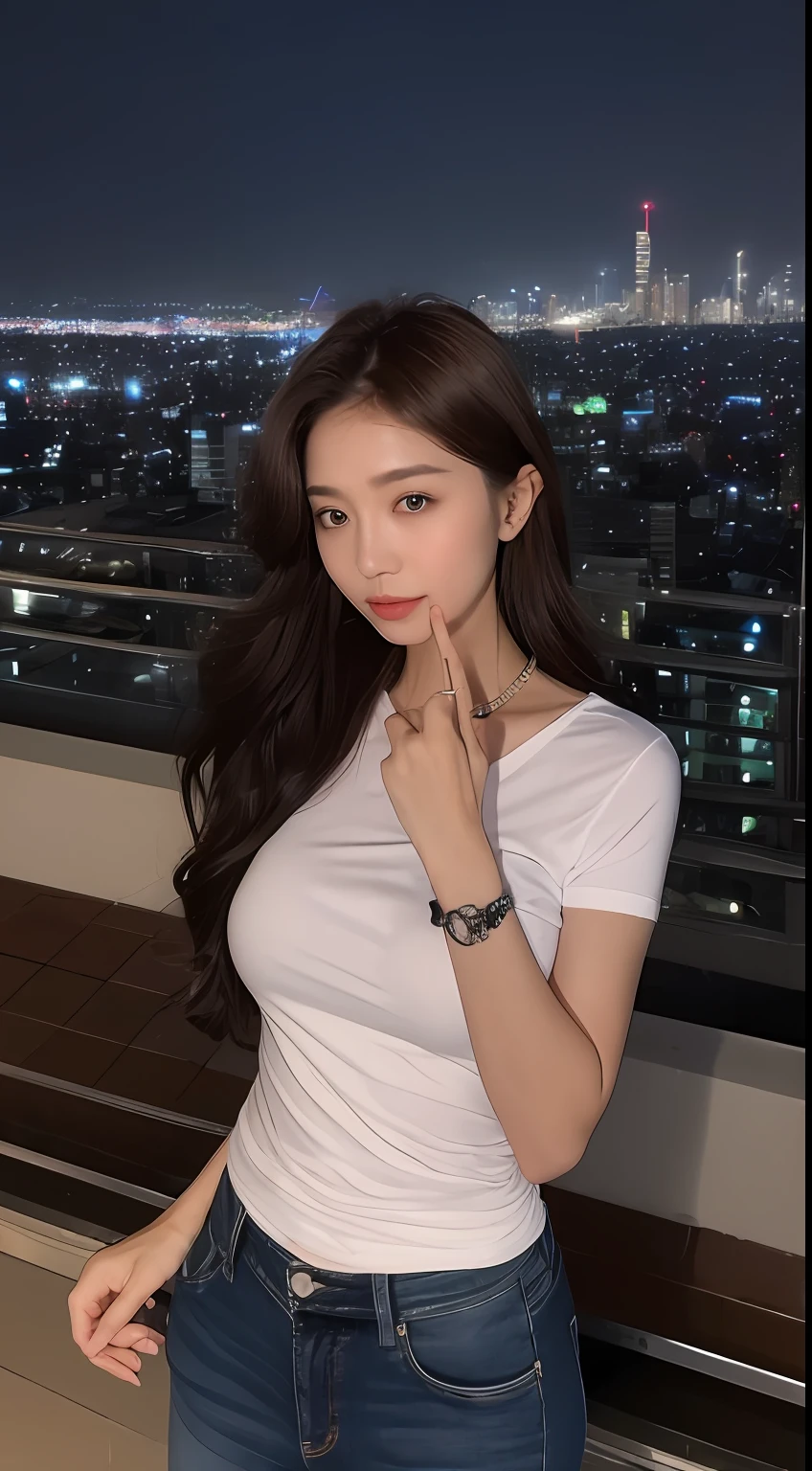 ((Midnight, Best quality, 8k, Masterpiece :1.3)), Whole body, Long legs, Sharp focus :1.2, A pretty woman with perfect figure :1.4, Slender abs :1.1, ((Dark brown hair,Gigantic breasts :1.2)), (White tight tshirt, Jean bib, Standing:1.2), ((Night city view, Rooftop:1.3)), Highly detailed face and skin texture, Detailed eyes, Double eyelid