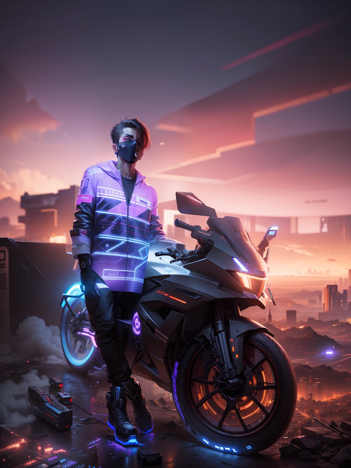 "Dynamic cyberpunk backdrop featuring a captivating male character. Immersive 8k resolution with hyper-realistic facial details."