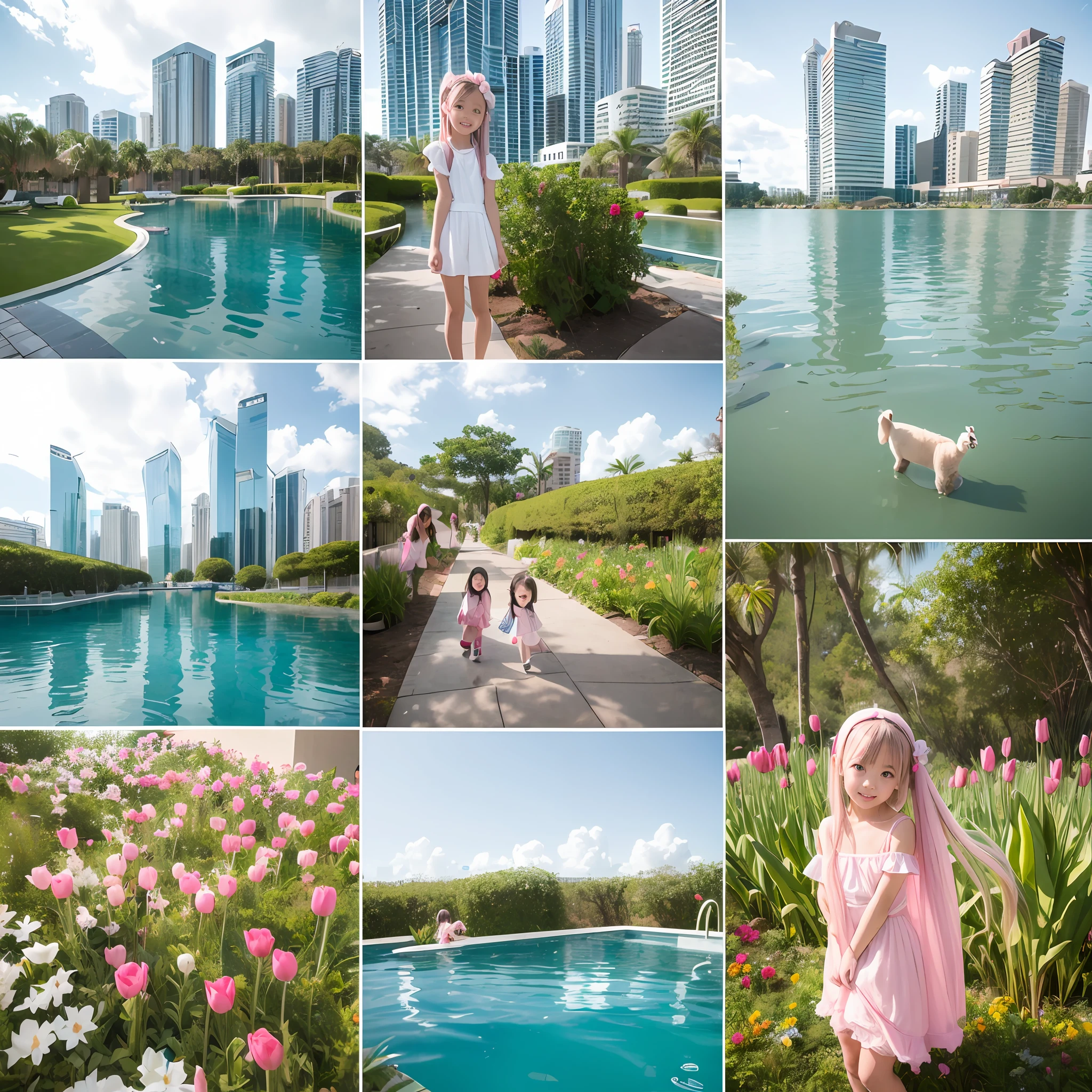 180-storey infinity pool，The tallest building in the city's forest，Sports Center，Bonsai around，Luo Han Song，coconut palms，coconut crab，tulips，Rose flower，Tease the alpacas to play，There were five little girls wearing openwork translucent stockings，Pouting and smiling，is shy，Pout，Pink, gold, White, Blue, Five colors, Two-tailed hair and cyan eyes，Anime little girl in servant costume