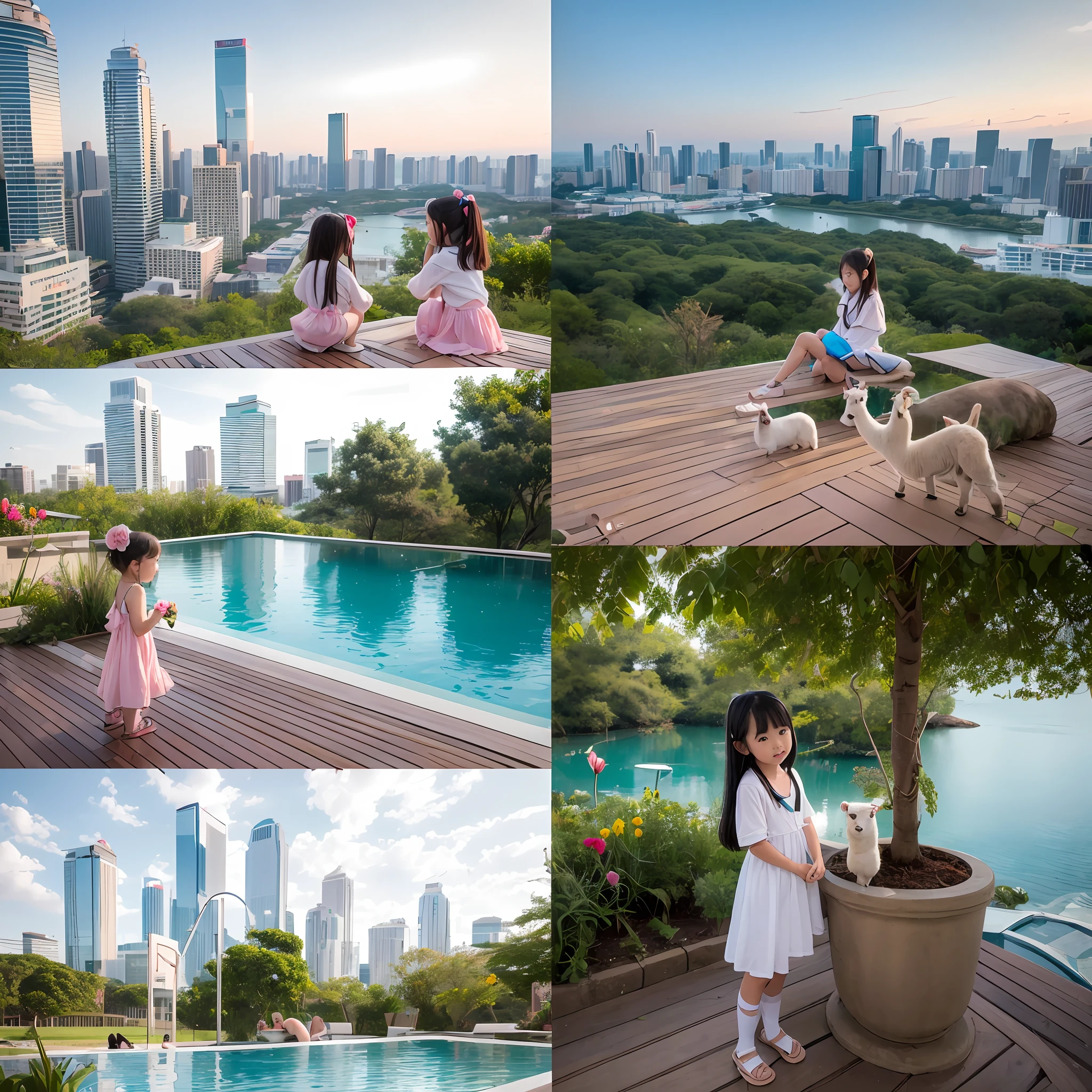 180-storey infinity pool，The tallest building in the city's forest，Sports Center，Bonsai around，Luo Han Song，coconut palms，coconut crab，tulips，Rose flower，Tease the alpacas to play，There were five little girls wearing openwork translucent stockings，Pouting and smiling，is shy，Pout，Pink, gold, White, Blue, Five colors, Two-tailed hair and cyan eyes，Anime little girl in servant costume