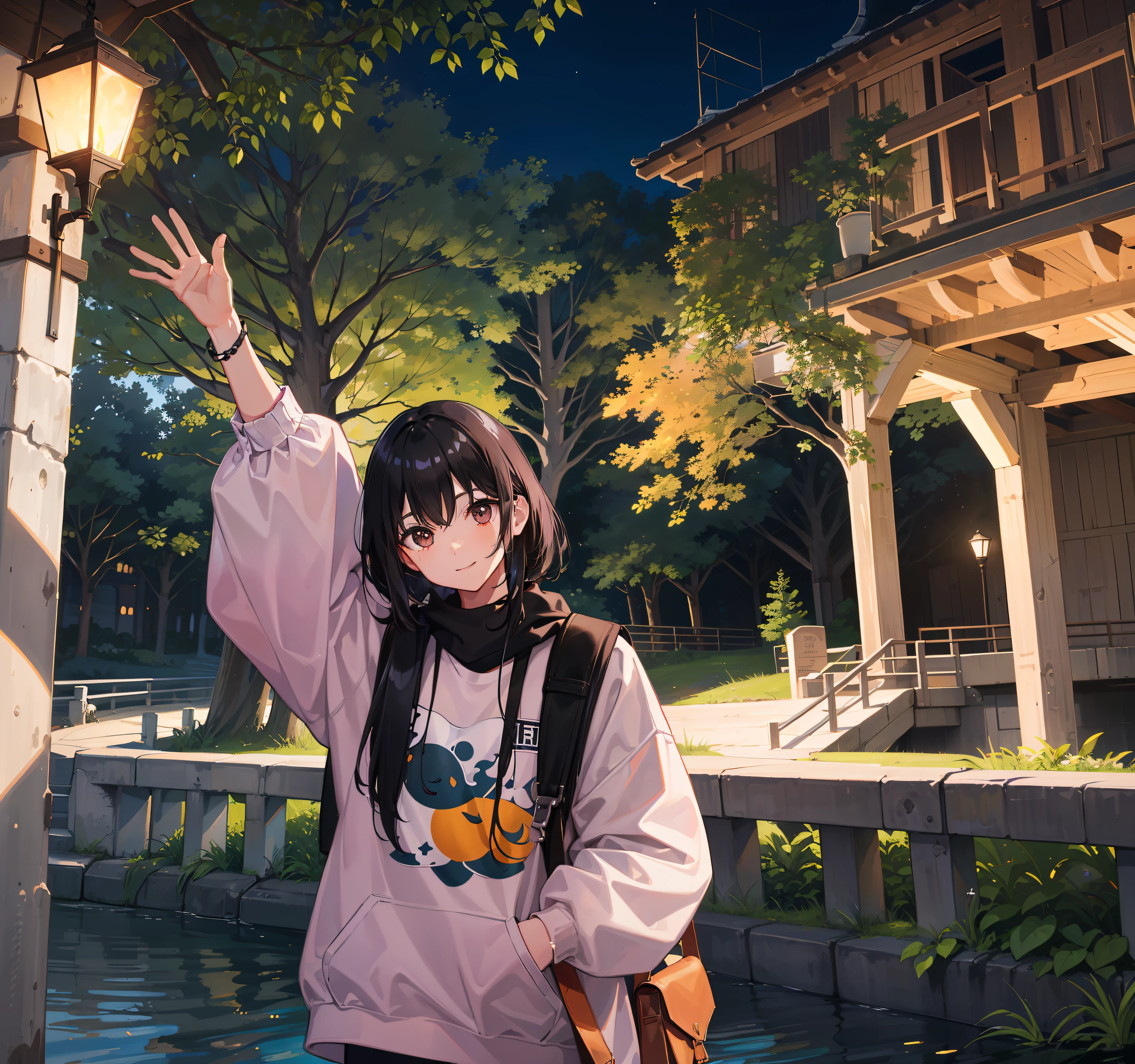 at park, Under the bridge in the background, In Park, With sunset, photo taken at night, waving and smiling, very very low quality picture, 8K 50mm ISO 10, waving at the camera, Park 1 girl in background, 独奏, Pink sweatshirt, tmasterpiece, Best quality at best, realisticlying, ultra - detailed, (shiny skins, perspired:1.4), absurderes, looking at viewert, with short black hair, with brown eye,slenderness,Dynamic light and shadow,A high resolution,Sharp focus,depth of fields,The eyes are delicate,Sharp pupils,pupil realistic,parks,the night,Wave to the camera