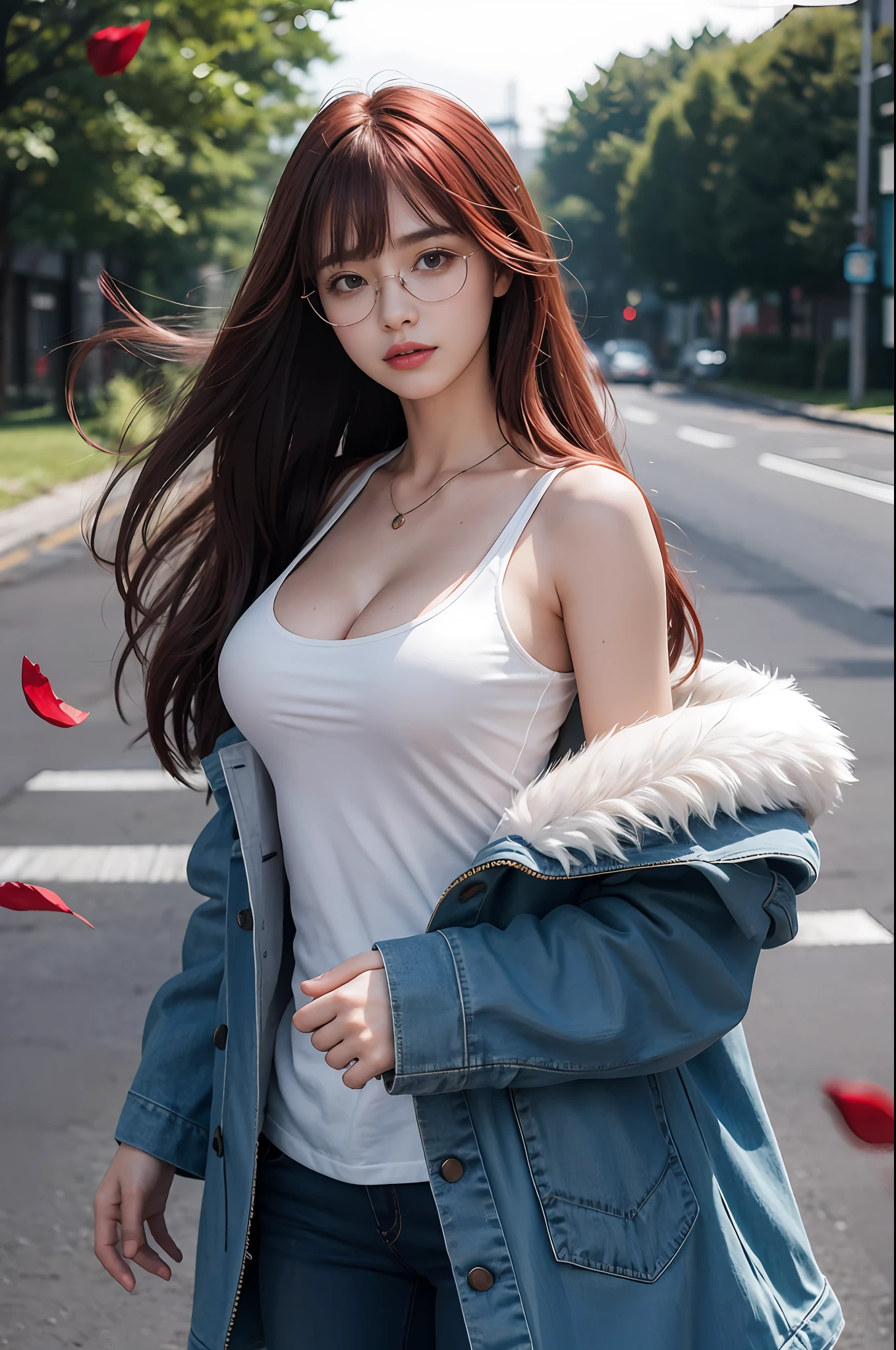 Surreal, high detail texture, cinematic lighting, ray tracing, viewing Angle, eye level shooting, Ultra HD, masterpiece, textured skin, 4K, best quality
masterpiece,bestquality,photorealistic,ultra hires,8k,blurry_foreground, blurry, depth_of_field, petals, 1girl, eyewear_on_head, sunglasses, breasts, long_hair, jacket_on_shoulders, jacket, bangs, motion_blur, ribbon, red_hair, wind, red_eyes, shirt, cape, sidelocks, solo, falling_petals, hair_between_eyes, looking_at_viewer, eyebrows_visible_through_hair, outdoors, long_sleeves, large_breasts