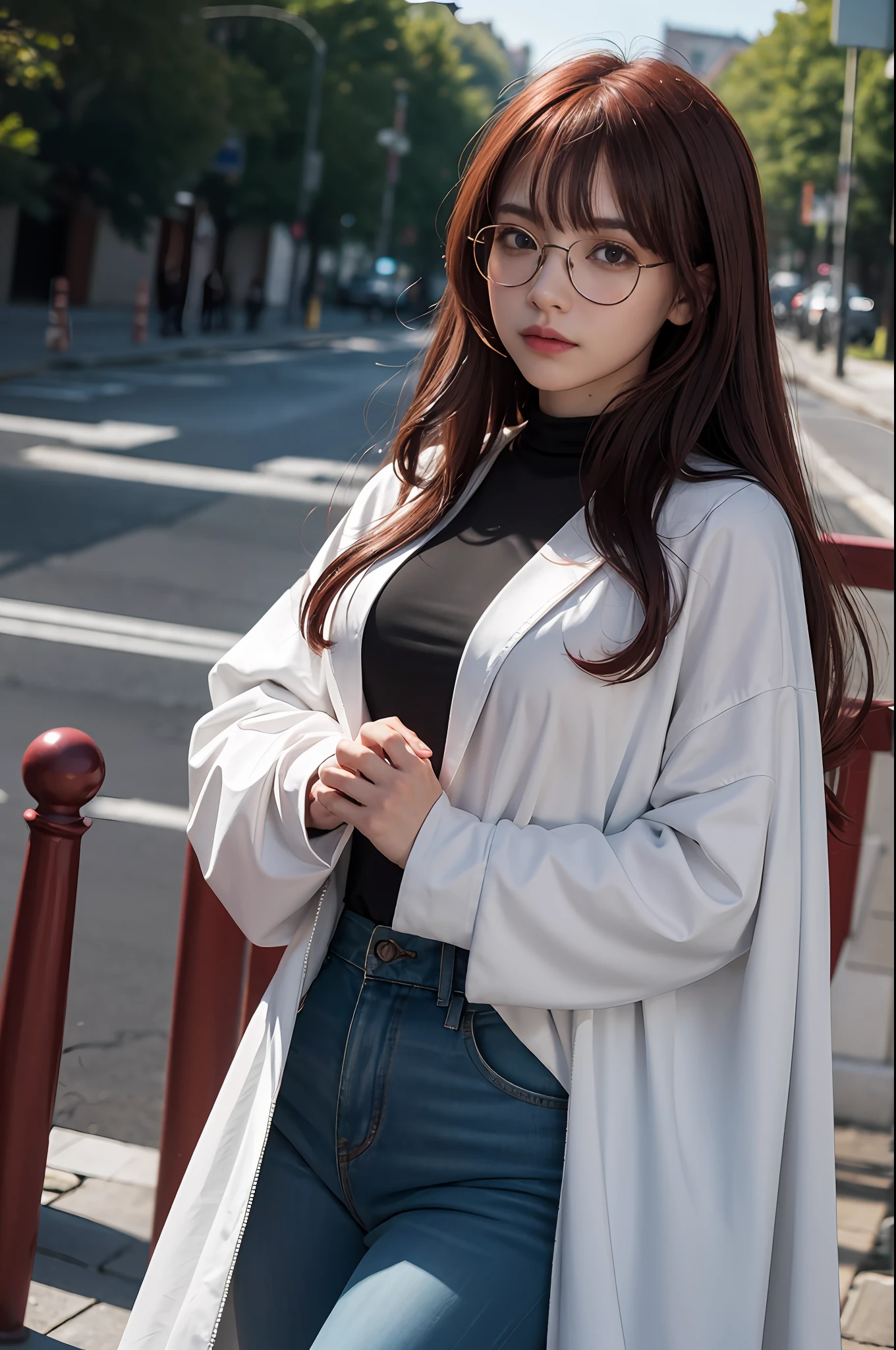 Surreal, high detail texture, cinematic lighting, ray tracing, viewing Angle, eye level shooting, Ultra HD, masterpiece, textured skin, 4K, best quality
masterpiece,bestquality,photorealistic,ultra hires,8k,blurry_foreground, blurry, depth_of_field, petals, 1girl, eyewear_on_head, sunglasses, breasts, long_hair, jacket_on_shoulders, jacket, bangs, motion_blur, ribbon, red_hair, wind, red_eyes, shirt, cape, sidelocks, solo, falling_petals, hair_between_eyes, looking_at_viewer, eyebrows_visible_through_hair, outdoors, long_sleeves, large_breasts