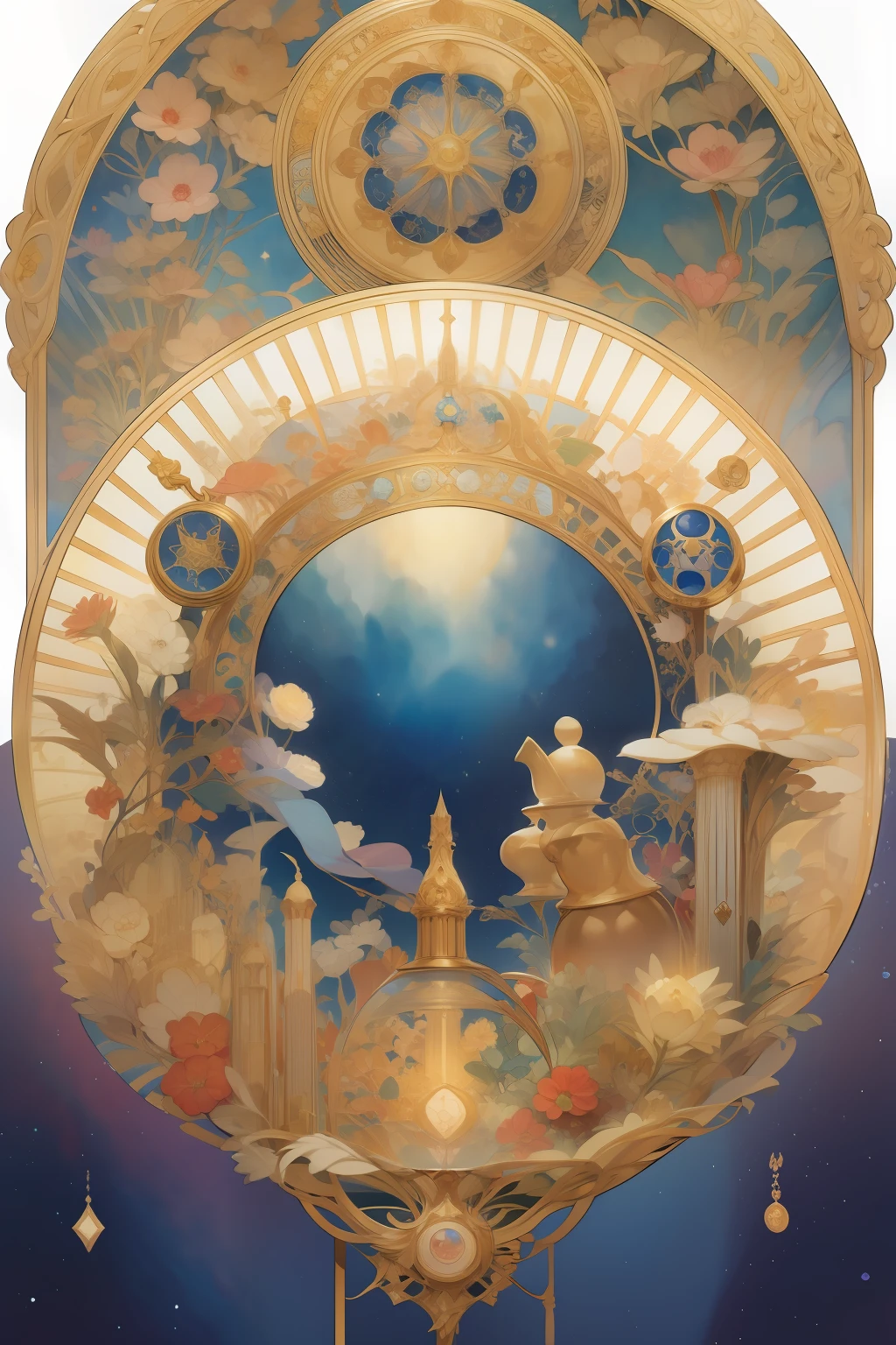 gashapon machine with universe inside,mucha style,white background, stickers ,watercolour