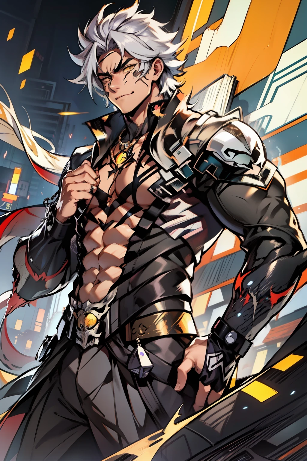 《the original god》Arataki Kazuto , male people,,((Masterpiece)), ((Best quality)), Ultra detailed,((illustration)), Dynamic Angle, Detailed light, (Delicate eyes), Floating, 1boy, Male focus, Head, Clothing, Yellow eyes, necklace, tattoo, (Forehead:0.8), (ahoge:0.8), jewelry, apathy,Ray, chest muscle, Sexy , Venom symbiote for your body, Black mucus of the body , (into venom), Venom,frontage,style of anime4 K, 4K anime wallpaper, Badass anime 8 K, 4 k comic wallpaper, young anime man, Anime boys, Anime wallpapers 4 k, Anime wallpaper 4K, High quality anime art style, Anime moe art style, Anime art wallpaper 8 K, Anime art wallpaper 4 K, RGB lighting