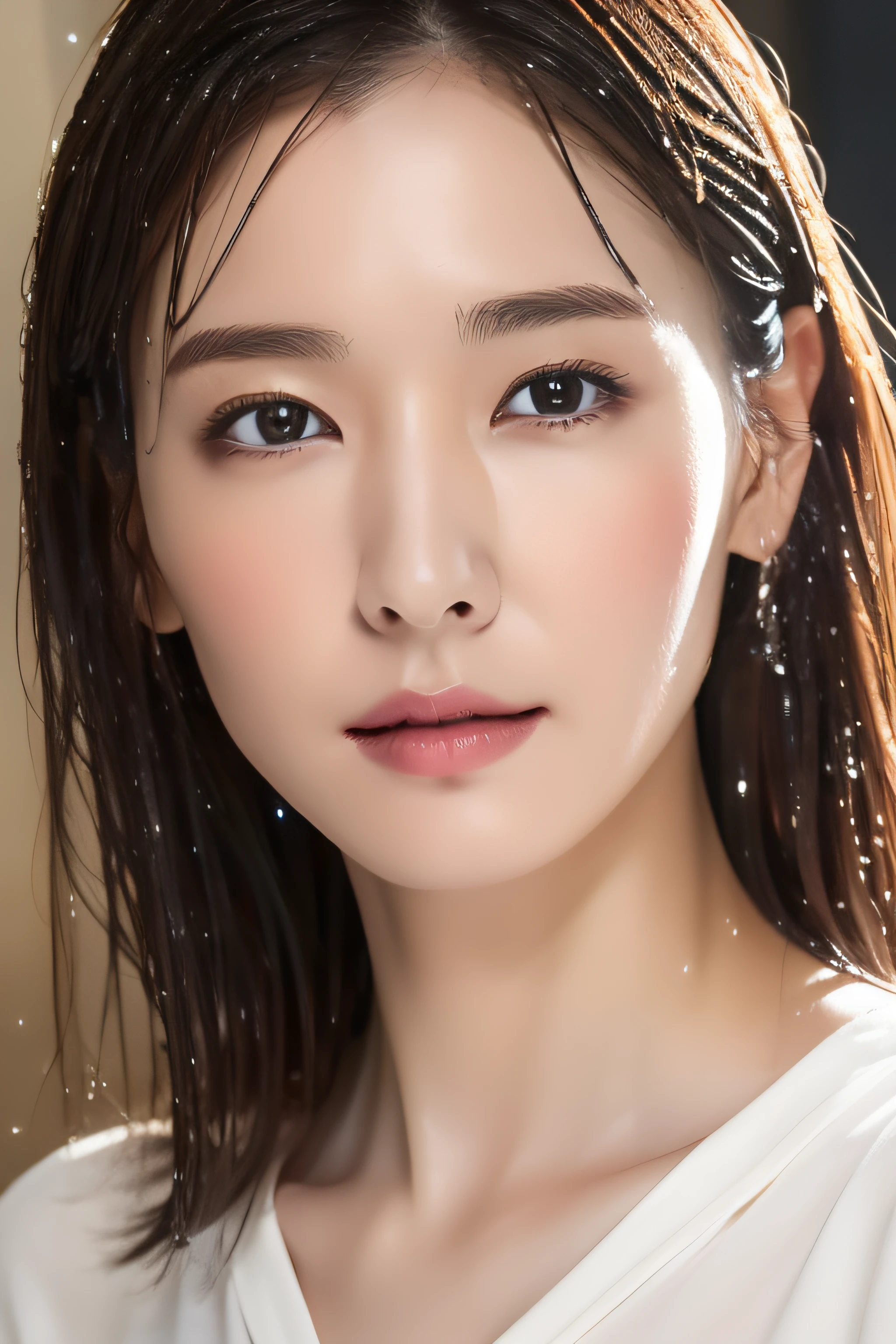 Beautiful handsome woman, ((top quality, 8k, masterpiece:1.3)), pretty woman, 1 woman, huge breasts:1.3, slender figure:1.1, elastic dark brown hair, (shower, wet body, wet clothes:1.1), very detailed face, detailed lips, detailed eyes, double eyelids