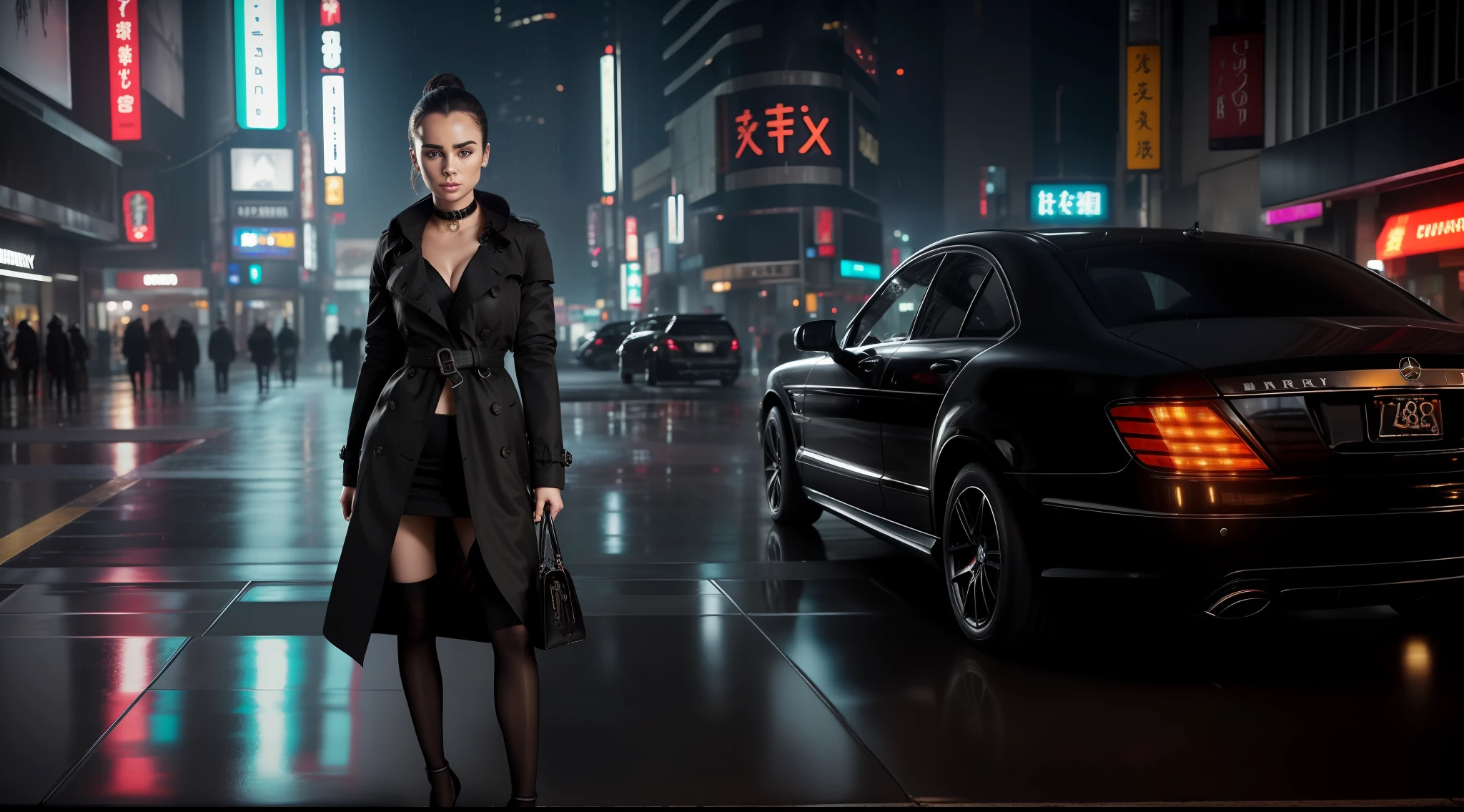 Lily Collins, on the streets of Tokyo, at night, (in front of the crowds:1.15), premium luxury silk black bra, slight abs, (sexy luxury black high heels:1.15), black super short dress, elegant, luxury silk super-detailed black stockings, black manicure, heavy makeup, (masterpiece:1.5), best quality, high resolution, 8K, showing slight abs, HDR, bloom, raytracing, slight abs, detailed shadows, depth of field, film photography, (wind:0.8), detailed hair, gorgeous face, ultra detailed eyes, cinematic lighting, (hyperdetailed:1.15), hair tied up, (sexy pose:1.15), (showing full body:1.5), deep depth of field, (cyberpunk:1.15), (raining:1.15), (neon lights:1.15), looking at camera, (sexy supermodels in the background:1.3), (wearing sexy black detailed choker:1.15), (luxury black Burberry trench coat:1.15), a luxury Mercedes-Benz in the background