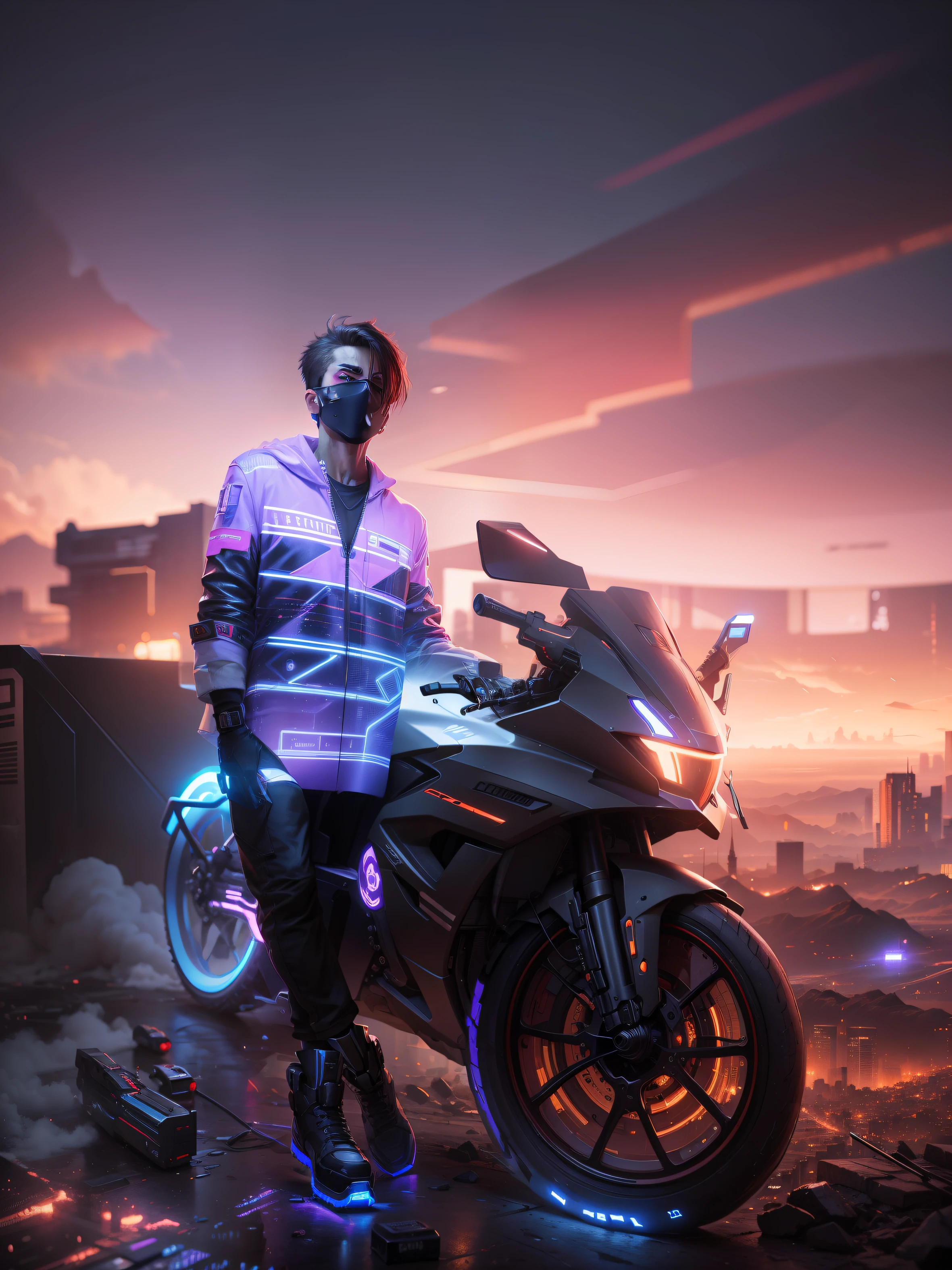 "Dynamic cyberpunk backdrop featuring a captivating male character. Immersive 8k resolution with hyper-realistic facial details."