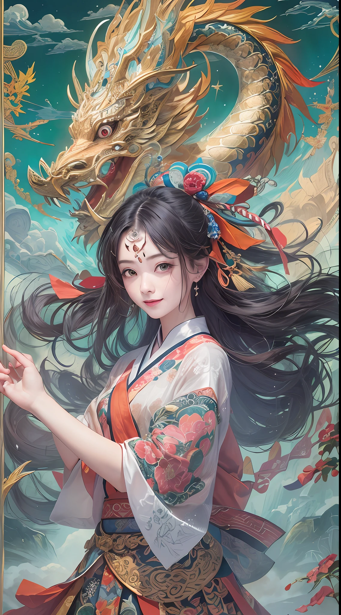 Official Art, Unified 8K Wallpapers, Ultra Detailed, Beautiful and Aesthetic, Masterpiece, Best Quality, (Zentangle, Tangle, Entangle), (fractal art: 1.4), 1girl, black hair, Chinese, bare shoulders, short skirt, calf, navel, very detailed, dynamic angle, cowboyshot, (most beautiful form chaos), flowing, (bright colors), oc, (half: 1.2), china, (thangka flying sky: 1.5), (ribbon: 1.3), (dream: 1.5), (hanfu: 1.5), Chinese dragon, Chinese phoenix, (smile: 0.5), (Chinese deity),