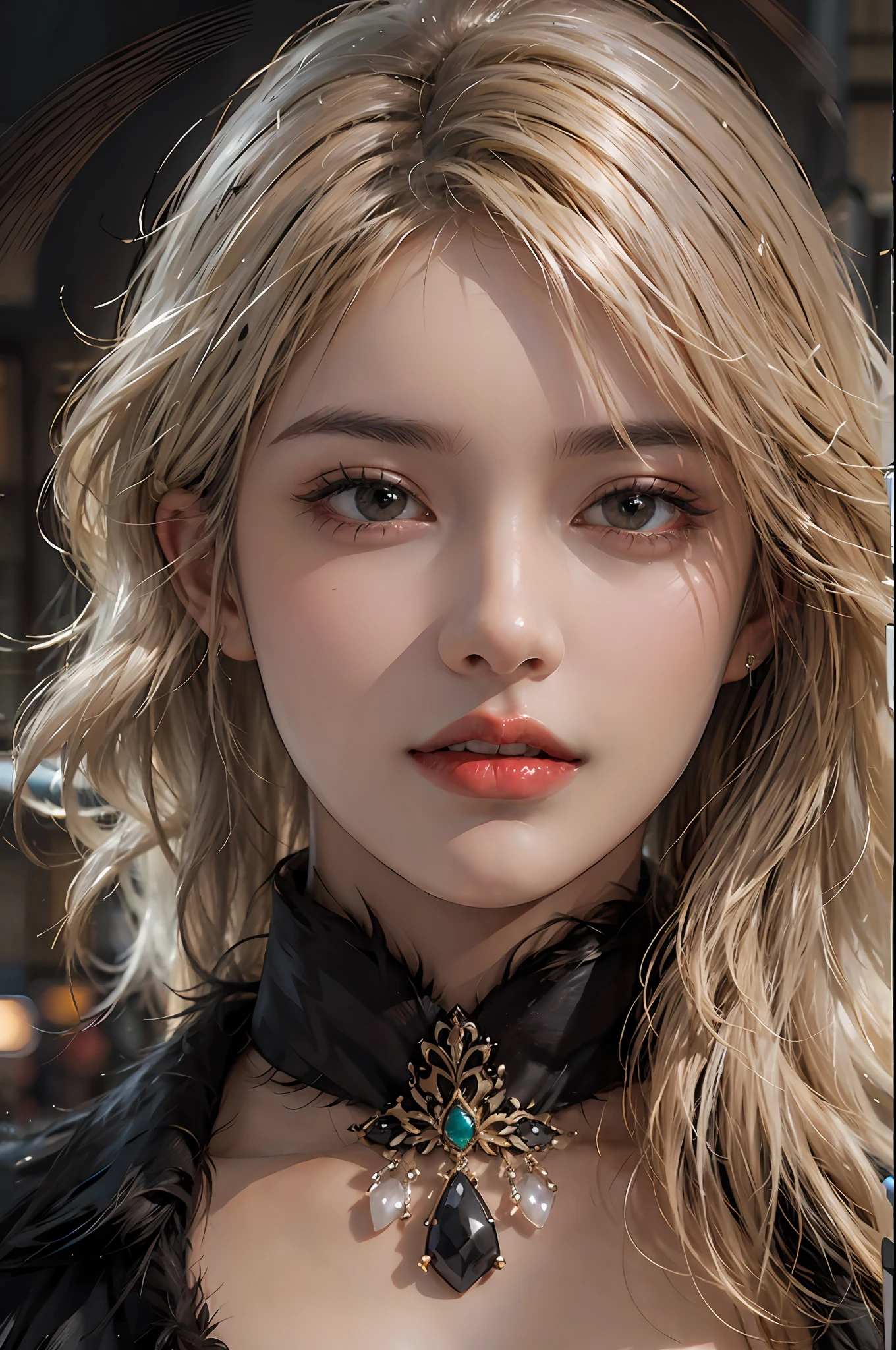 photorealistic, high resolution, 1women, solo, hips up, look at viewer, (detailed face), blode hair, black suit, black fur coat, jewelry