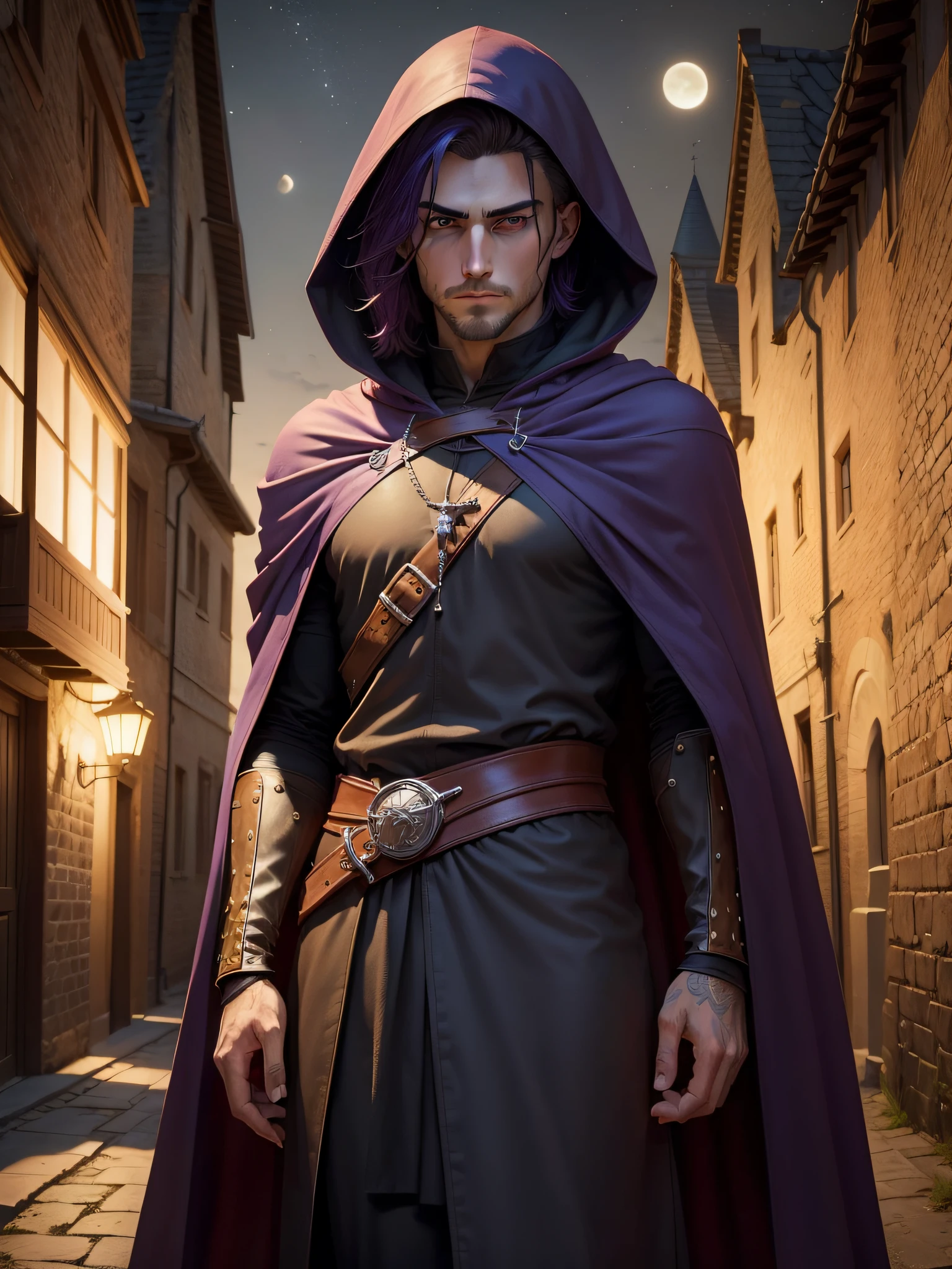 (((masterpiece, best quality, ultra detailed))), (1 male assassin, perfect fingers, perfect hands), 35 years old, medieval town as background, night scene, moon lighting, unapproachable vibe, expressionless, purple hair, very short hair, Delicate face, male face, male eyebrows, male eyes, sharp nose, facial muscle, adam's apple, (sharp eyes), red pupils, medieval Assassin costumes, cloak, hooded,