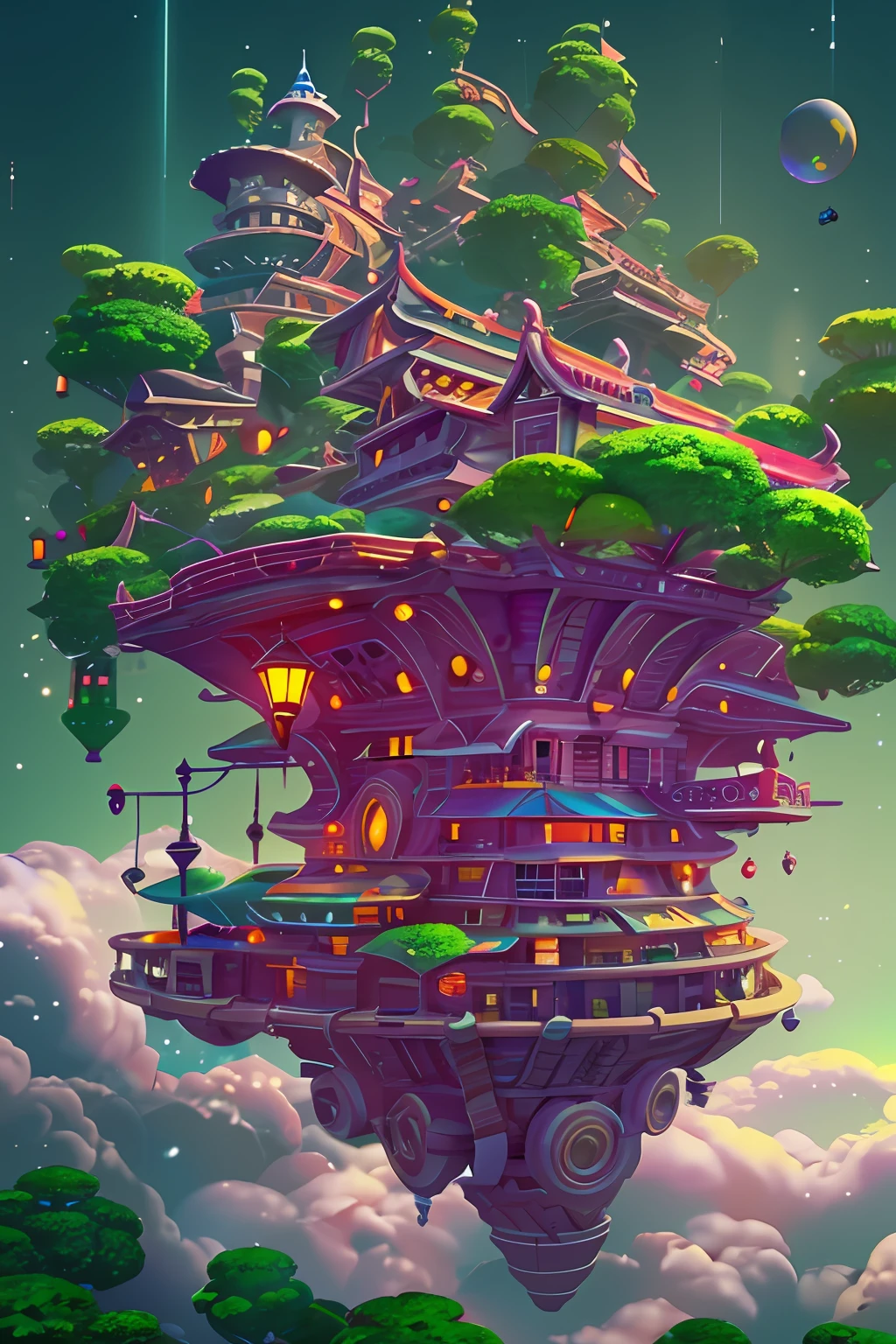 dynamic viewing angle,(levitating:1.5),(A huge mechanical city floating on the sea:1.3),Q version building,adolable,(Thick clouds:1.4),in style of hayao miyazaki,Rejoice,Perfect quality,Clear focus(Clutter - home:0.8), (tmasterpiece:1.2), (realisticlying:1.2) ,(Bokeh:0.5), (best qualtiy), (detailedskin:1.3) ,(complexdetails), (8K), (detailedeyes) ,(Sharp focus),,(having fun),(Award-winning digital artwork:1.3) af (sketching:1.3),(with dynamism:1.3),studiolight,Theme,looking from above, the space, afloat, --v 6