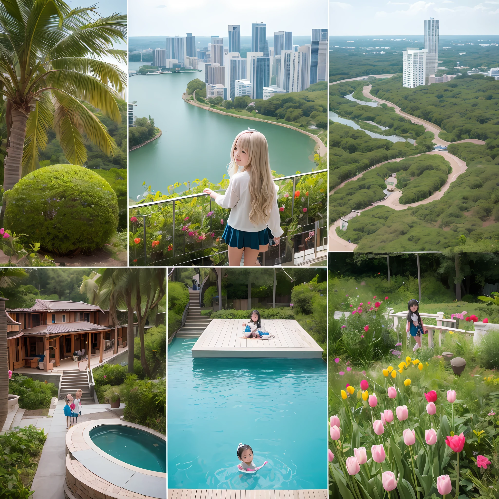 180-storey infinity pool，The tallest building in the city's forest，Sports Center，Bonsai around，Luo Han Song，coconut palms，coconut crab，tulips，Rose flower，Tease the alpacas to play，There were five little girls wearing openwork translucent stockings，Pouting and smiling，is shy，Pout，Pink, gold, White, Blue, Five colors, Two-tailed hair and cyan eyes，Anime little girl in servant costume