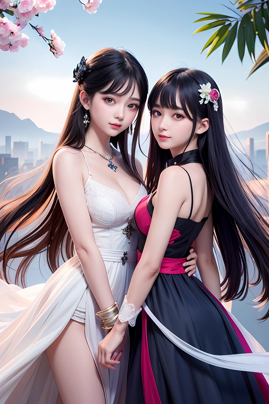 (illustration:1.1),(Best quality),(Masterpiece:1.1),(Extremely detailed Cg Unity 8K wallpaper:1.1), (Colorful:0.9),(Solo:1.2),sharp and clear focus， { 2 girls standing }, looking a viewer, make happy expressions, Soft smile, Pure, Beautiful face and eye details, Beauty fashion clothing department pattern details, Black hair, Black eyes,