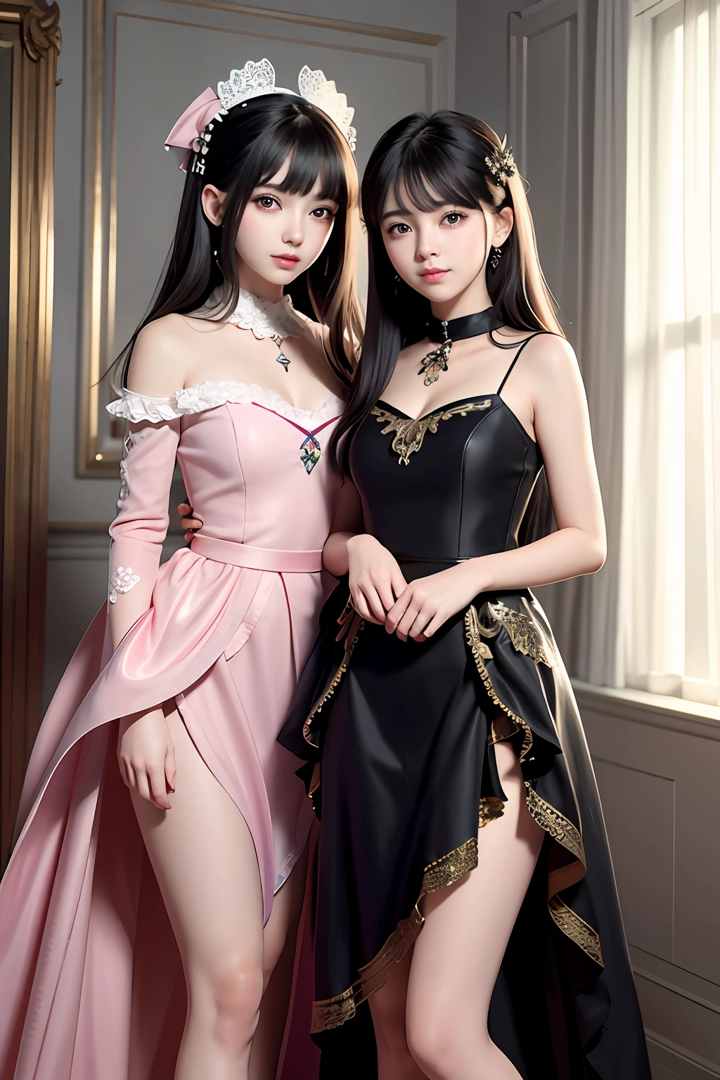 (illustration:1.1),(Best quality),(Masterpiece:1.1),(Extremely detailed Cg Unity 8K wallpaper:1.1), (Colorful:0.9),(Solo:1.2),sharp and clear focus， { 2 girls standing }, looking a viewer, make happy expressions, Soft smile, Pure, Beautiful face and eye details, Beauty fashion clothing department pattern details, Black hair, Black eyes,