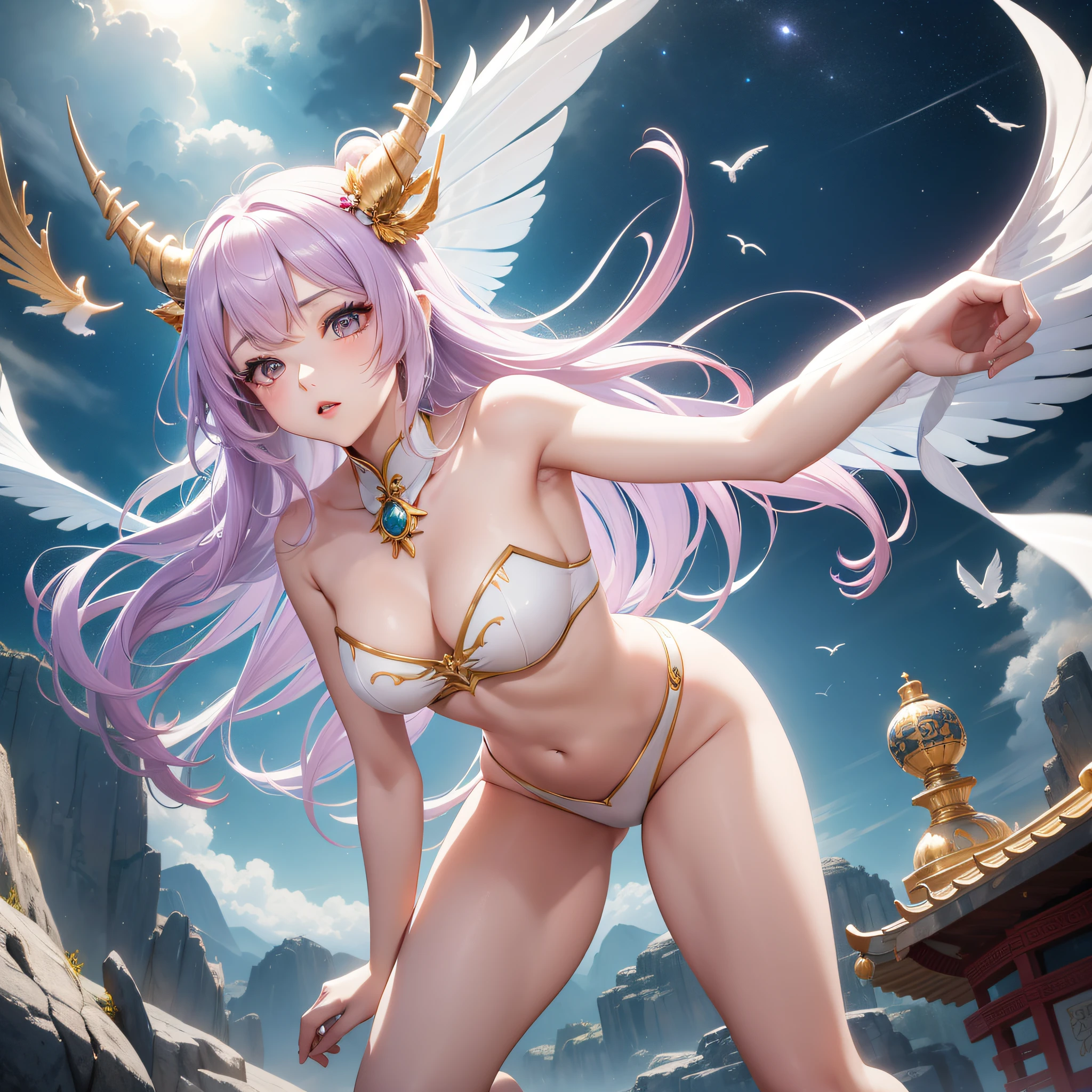 (Running)、(Surprised)、Unicorn Slender beautiful girl , Surrealism, from below, UHD, ccurate, super detail, textured skin, best quality, 8k ,femele a beauty girl Mystical Fictional creatures Dynamism、Chinese legend Divine beast Also called Kirin Elongated horns Dragon-like body Deer-like legs Bird-like plumage Beautiful figure and elegance Integrity and holy existence Symbol of peace and prosperity