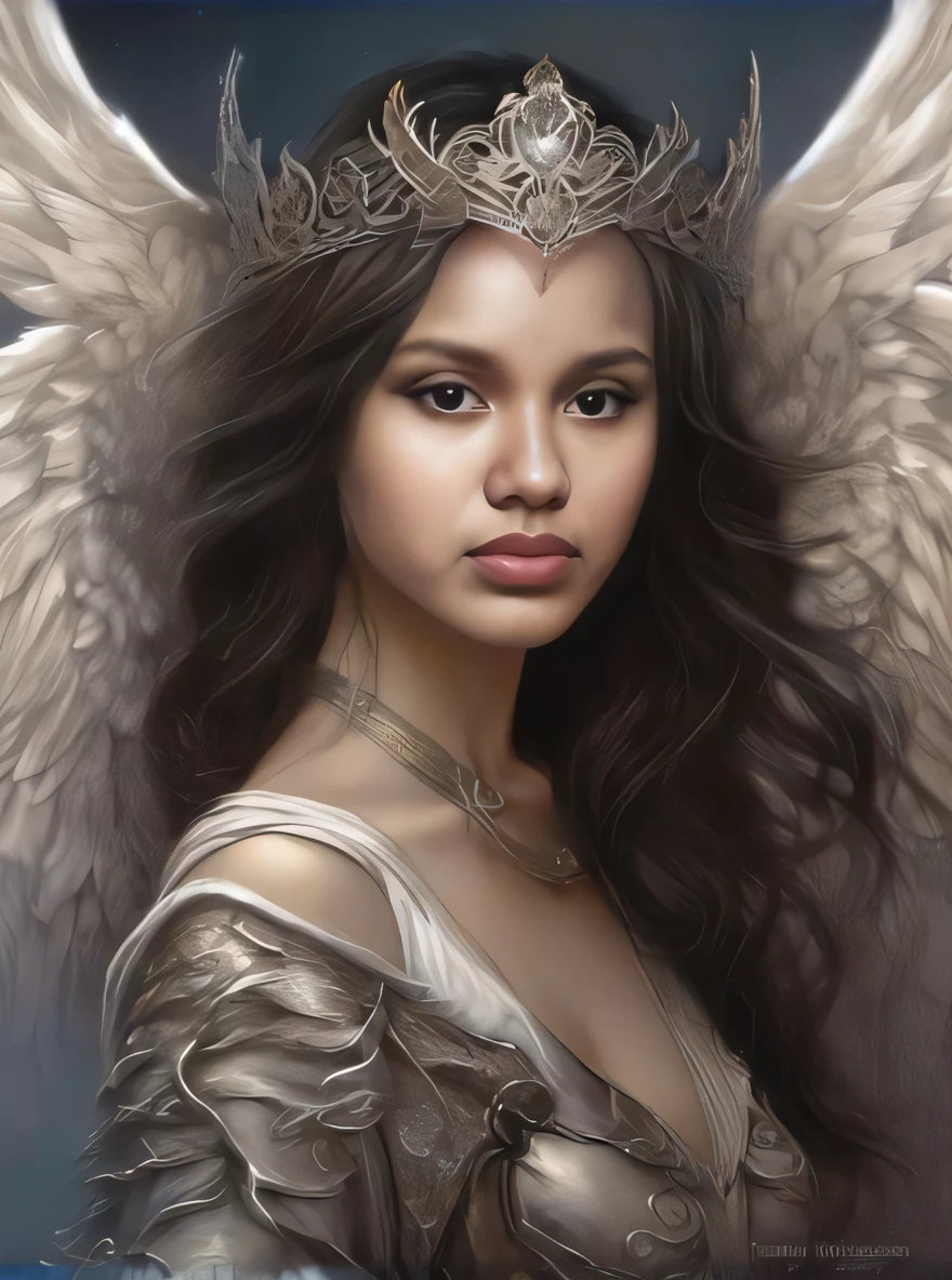 a painting of an angel with a crown on his head, Retrato de um anjo bonito, anjo feminino bonito, anjo bonito, retrato bonito da do anjo, retrato bonito da arte da fantasia, de uma meninabonita, de anjo lindo, Magali Villeneuve», arte do retrato da fantasia, angelic face, retrato da arte da fantasia, Graphic artist Magali Villeneuve, retrato bonito da fantasia, menina do an